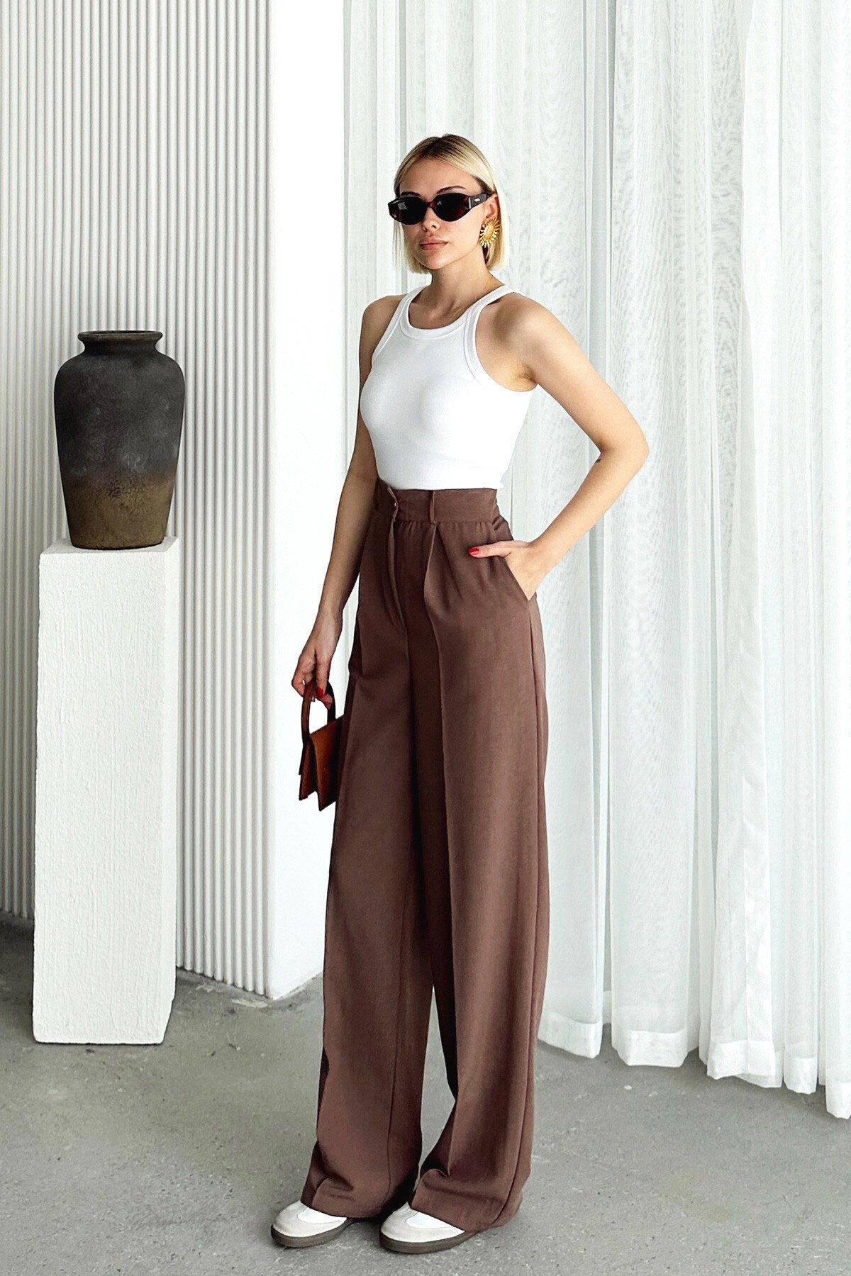 Vizon Çift Cepli Pileli Keten Palazzo Pantolon