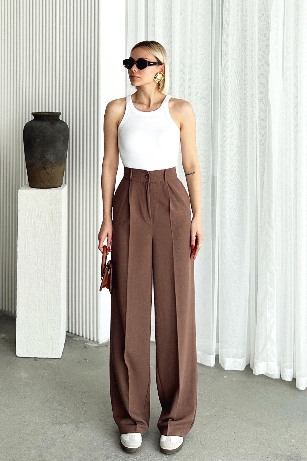 Vizon Çift Cepli Pileli Keten Palazzo Pantolon