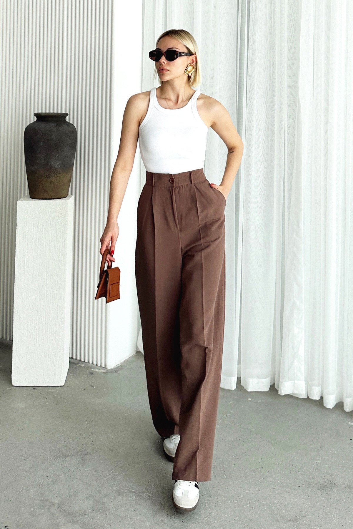 Vizon Çift Cepli Pileli Keten Palazzo Pantolon