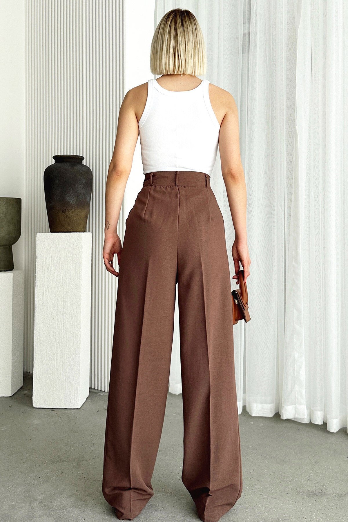 Vizon Çift Cepli Pileli Keten Palazzo Pantolon