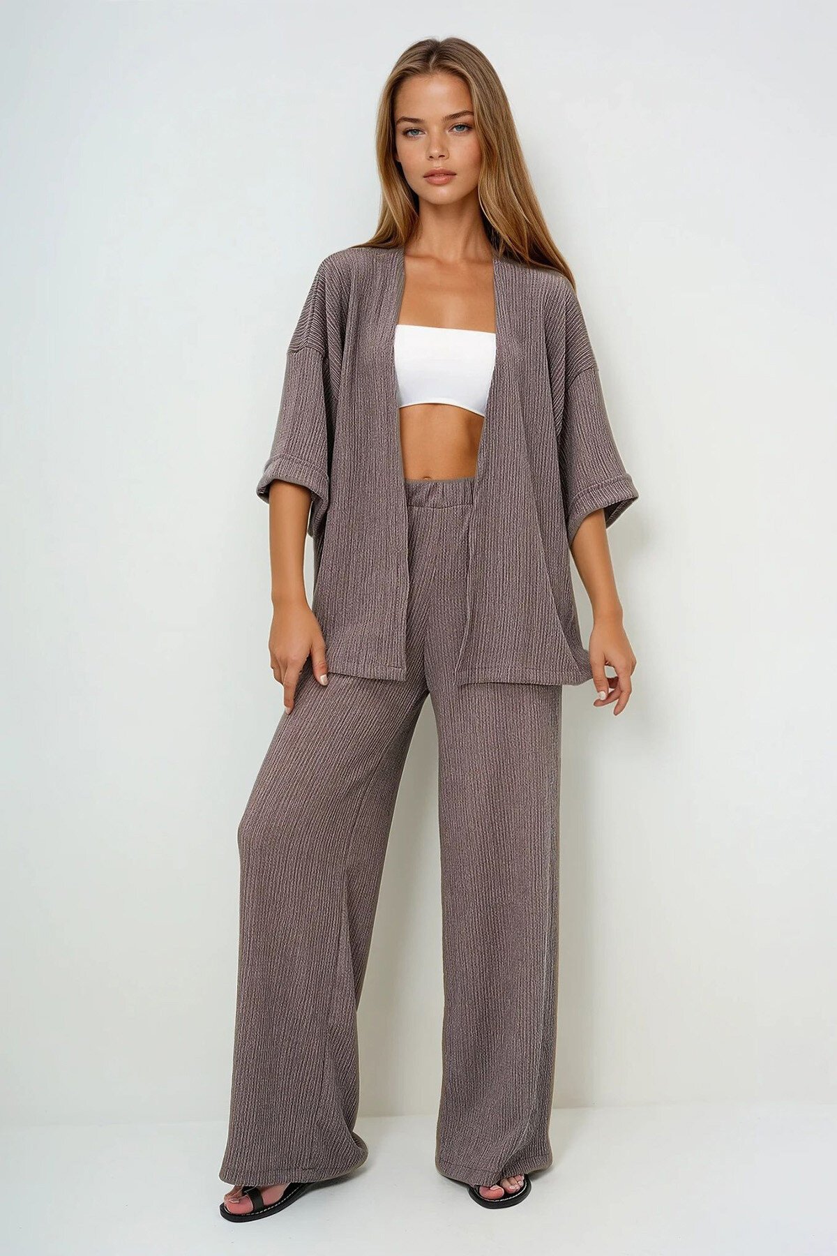 Vizon Duble Kol Bürümcük Kumaş Yazlık Kimono Ve Pantolon Takım