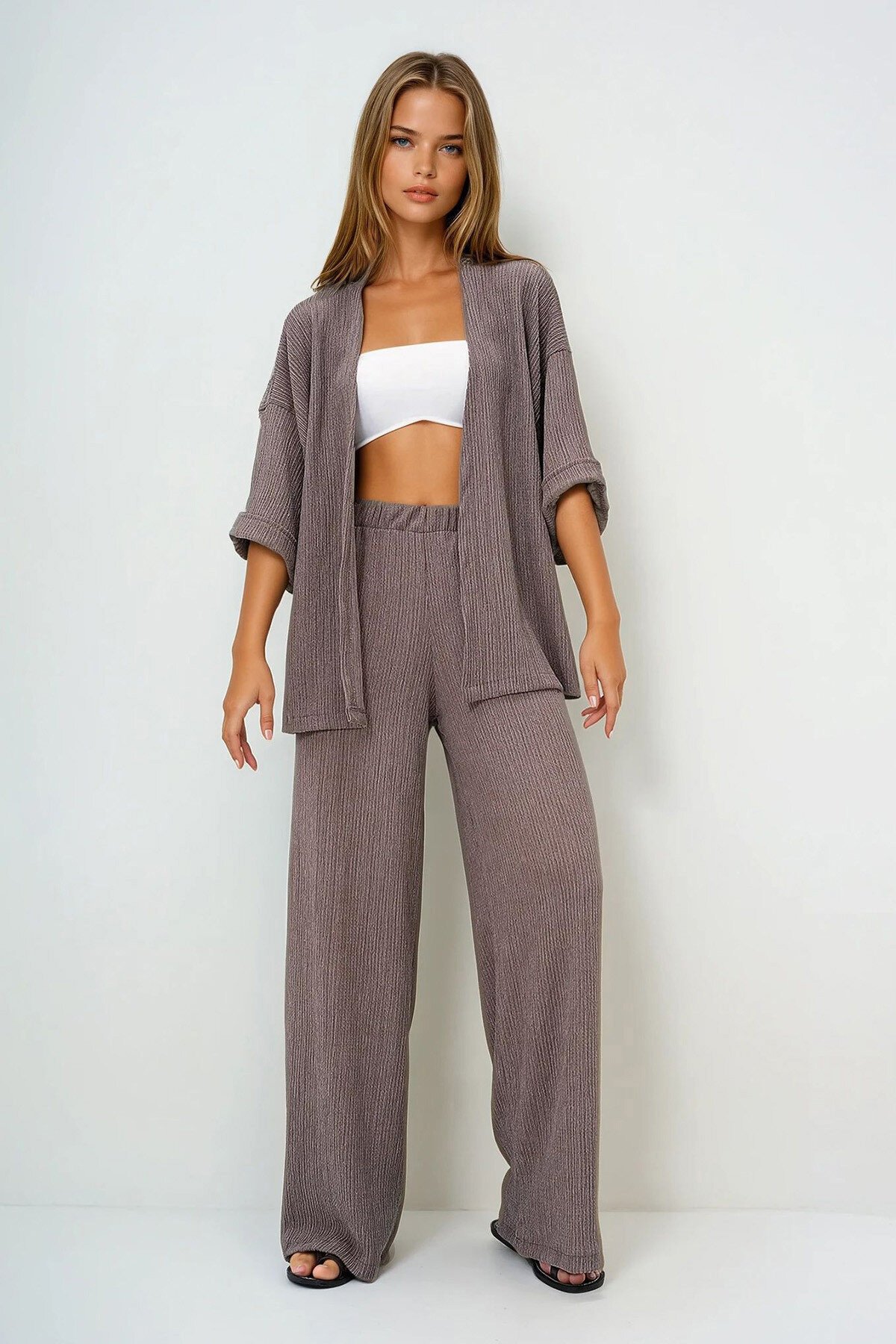 Vizon Duble Kol Bürümcük Kumaş Yazlık Kimono Ve Pantolon Takım