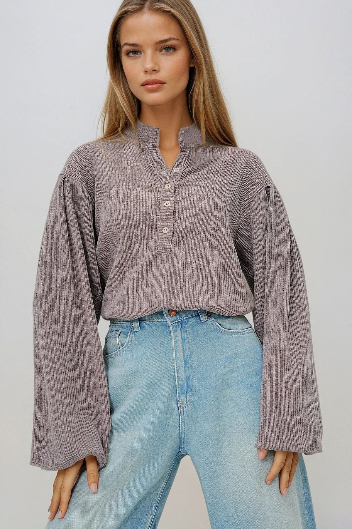 Vizon Hakim Yaka Önü Düğmeli Balon Kol Dokulu Bürümcük Gömlek Bluz