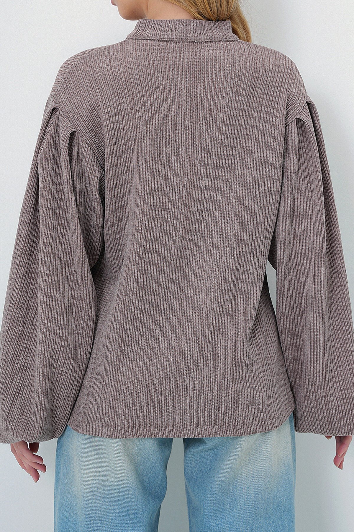 Vizon Hakim Yaka Önü Düğmeli Balon Kol Dokulu Bürümcük Gömlek Bluz