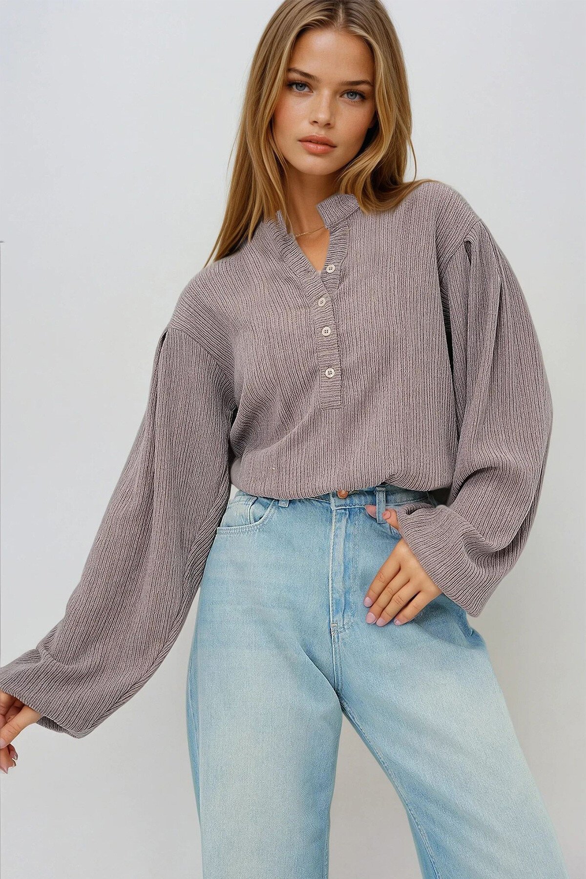 Vizon Hakim Yaka Önü Düğmeli Balon Kol Dokulu Bürümcük Gömlek Bluz