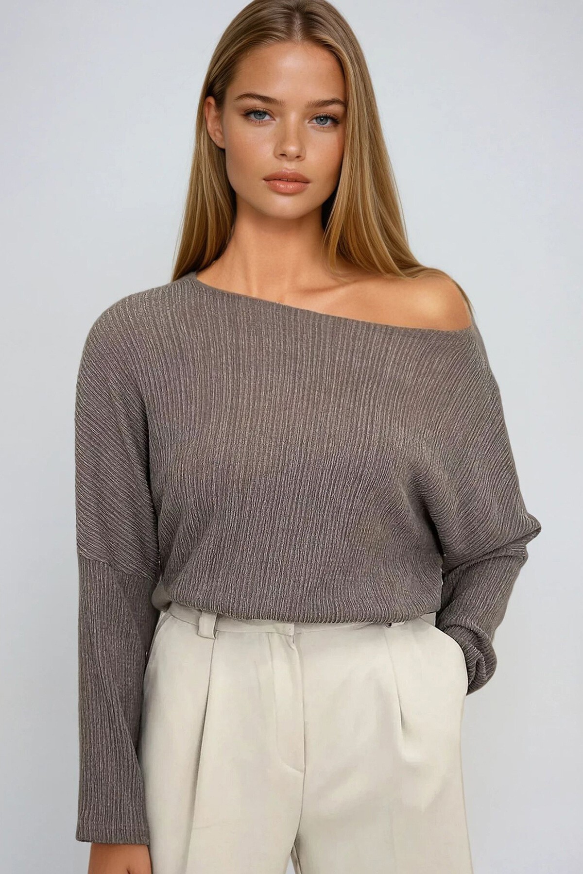 Vizon Kayık Yaka Örme Bluz