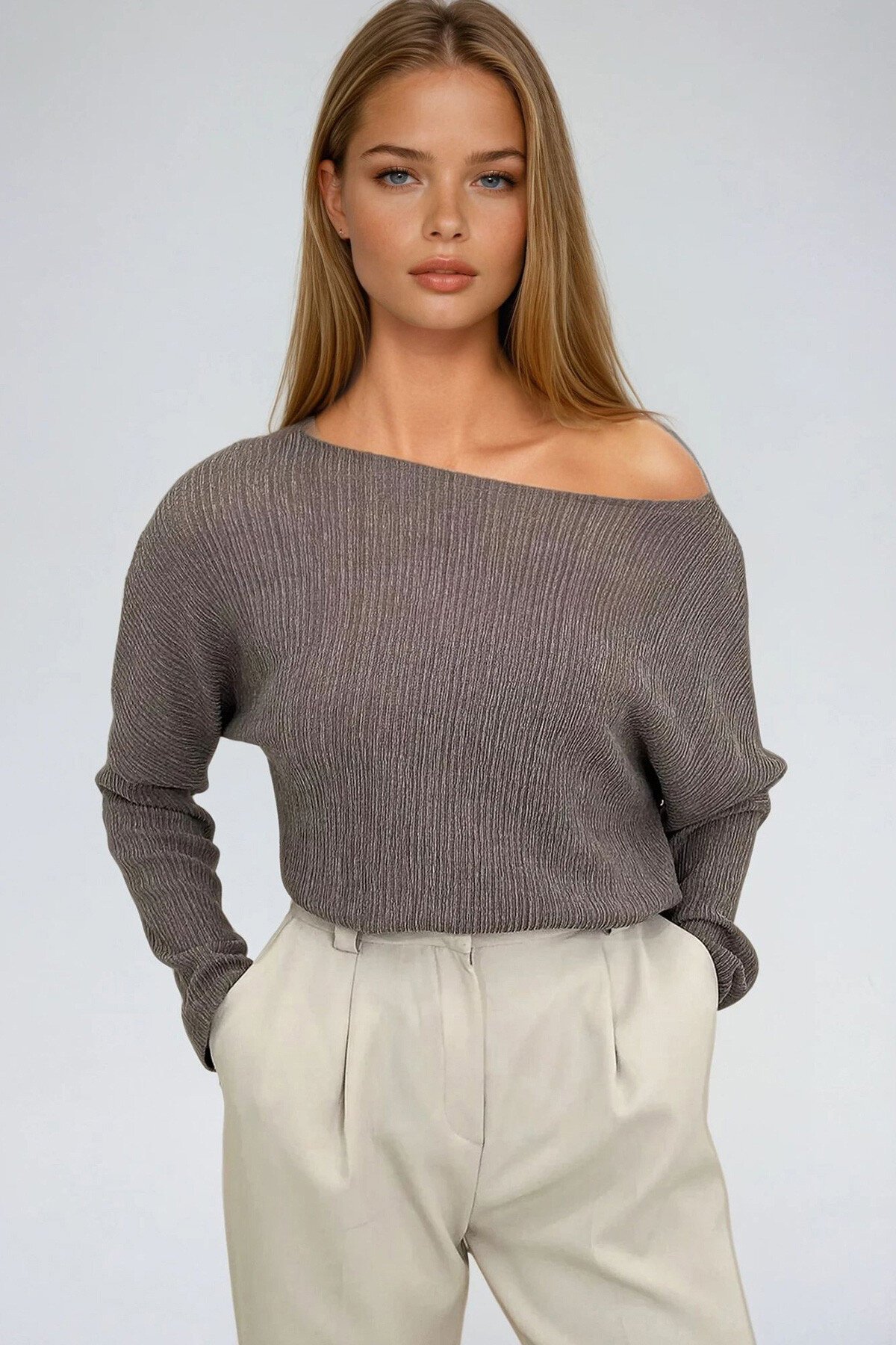 Vizon Kayık Yaka Örme Bluz