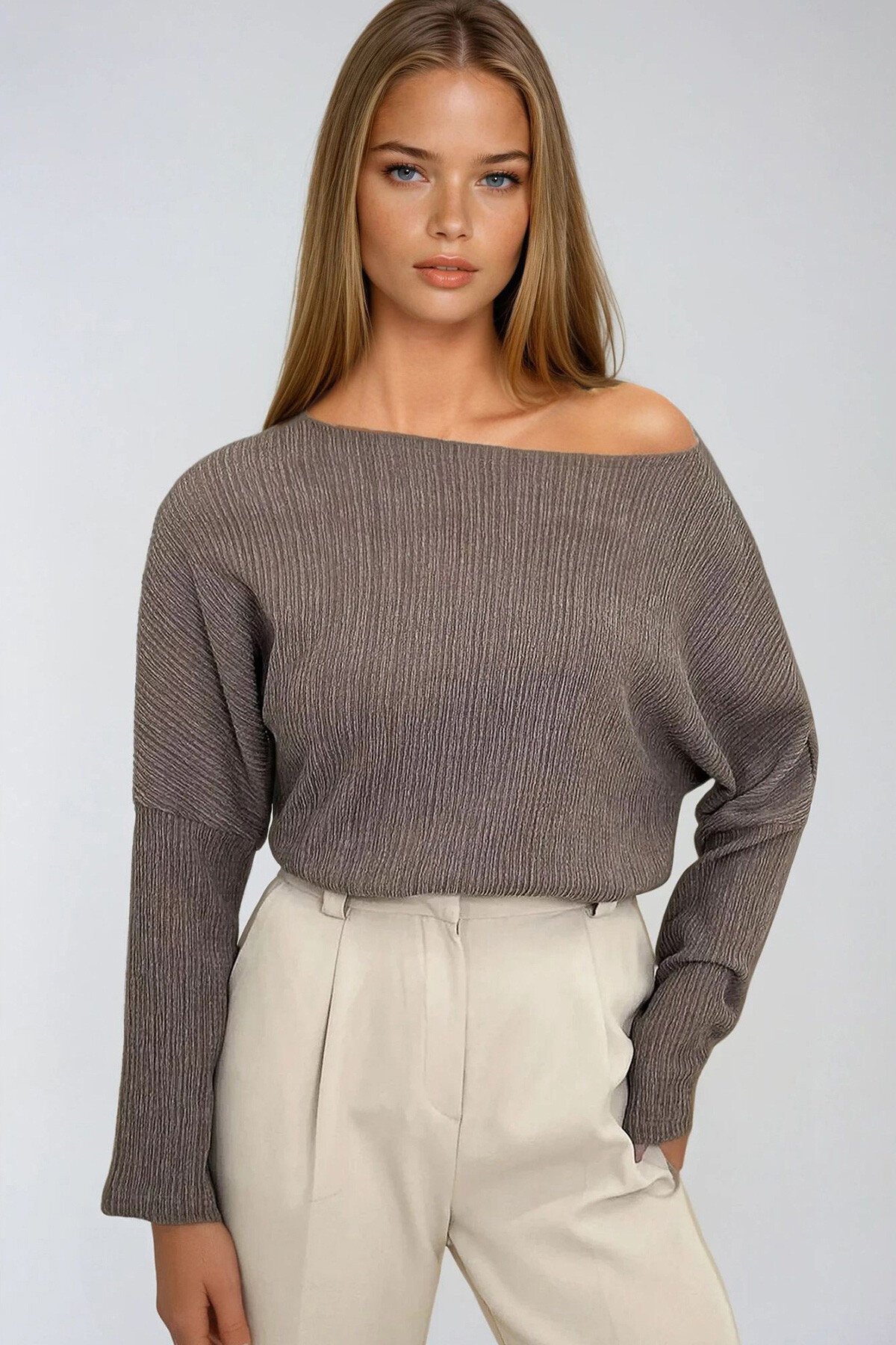 Vizon Kayık Yaka Örme Bluz