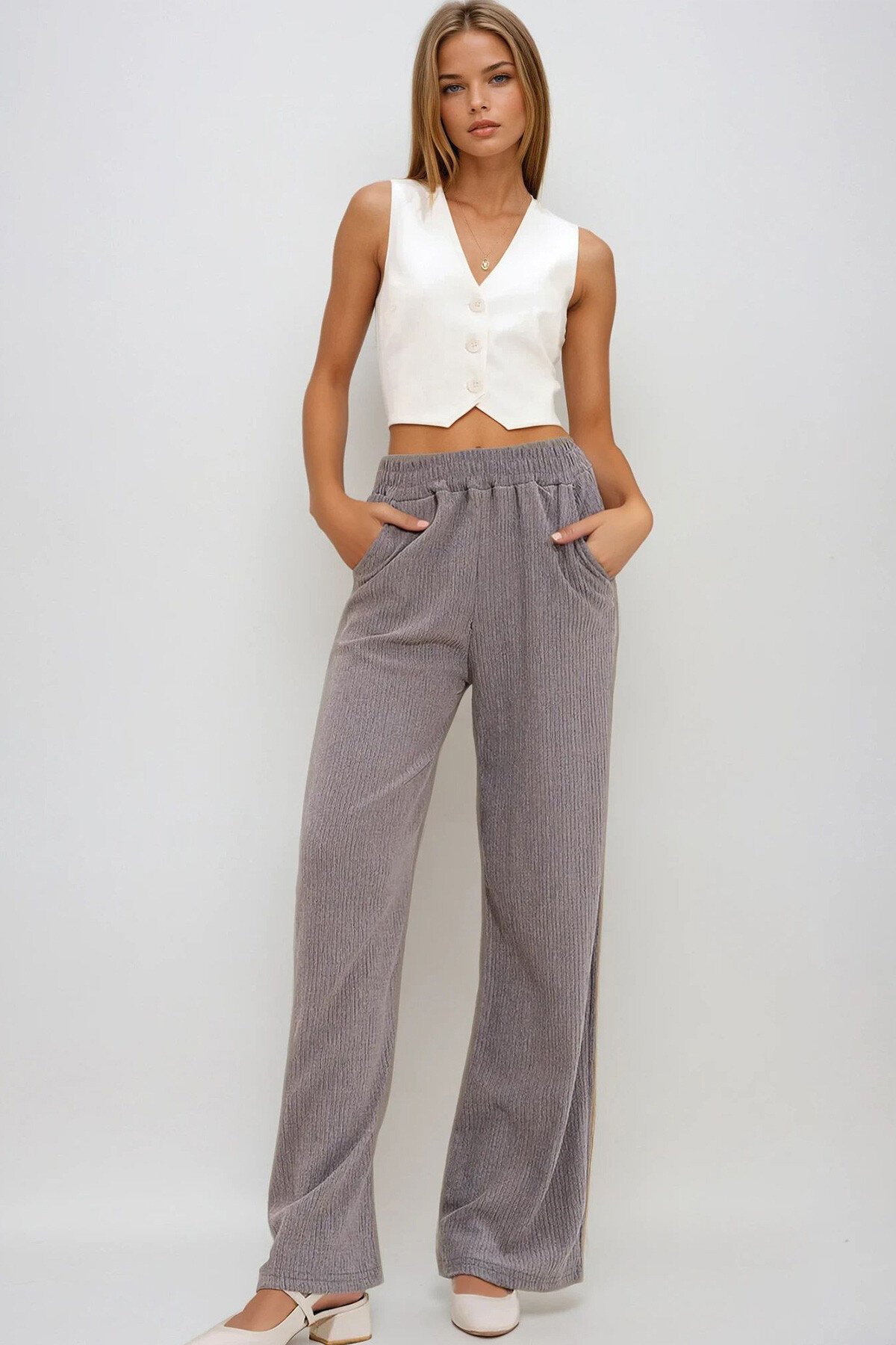 Vizon Yüksek Bel Lastikli Wide Leg Pantolon