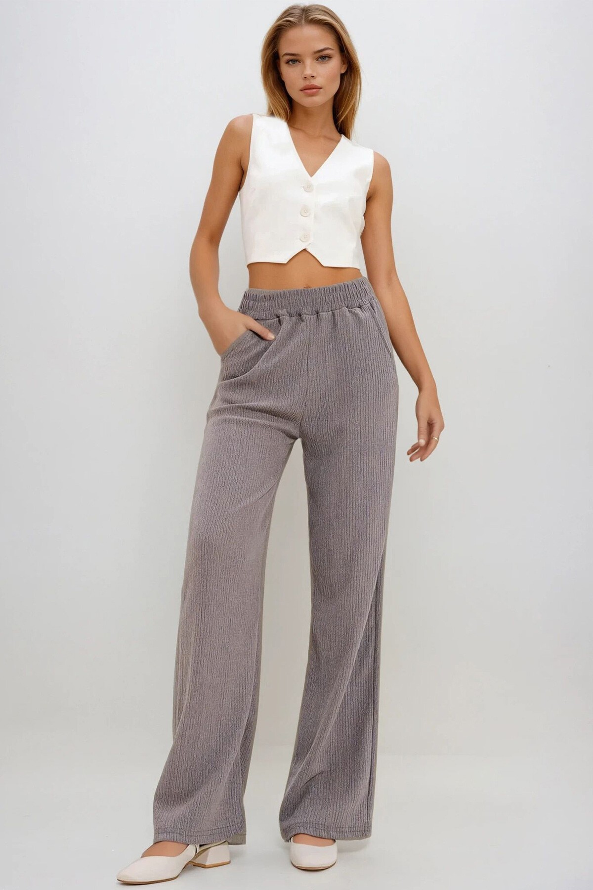 Vizon Yüksek Bel Lastikli Wide Leg Pantolon