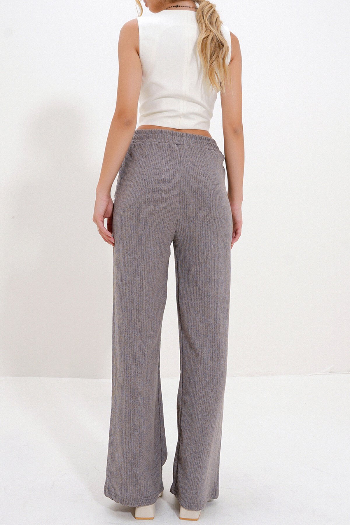 Vizon Yüksek Bel Lastikli Wide Leg Pantolon