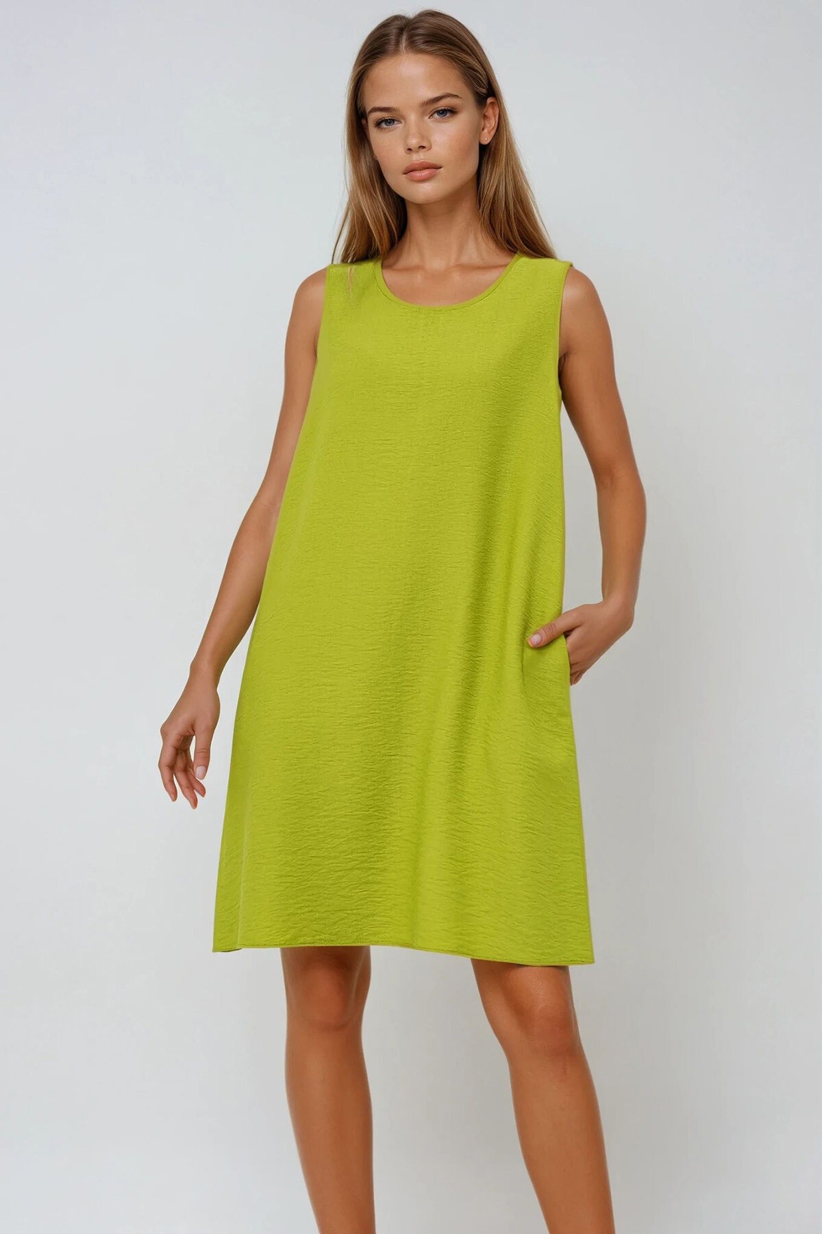 Yağ Yeşili U Yaka Sıfır Kol Çift Cepli Aerobin Yazlık Elbise