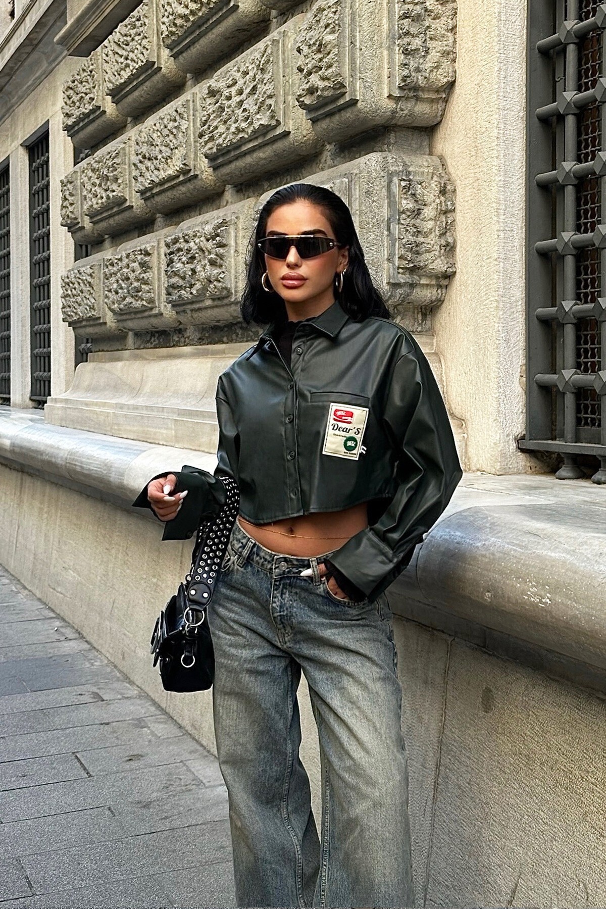 Yeşil Armalı Suni Deri Ceket