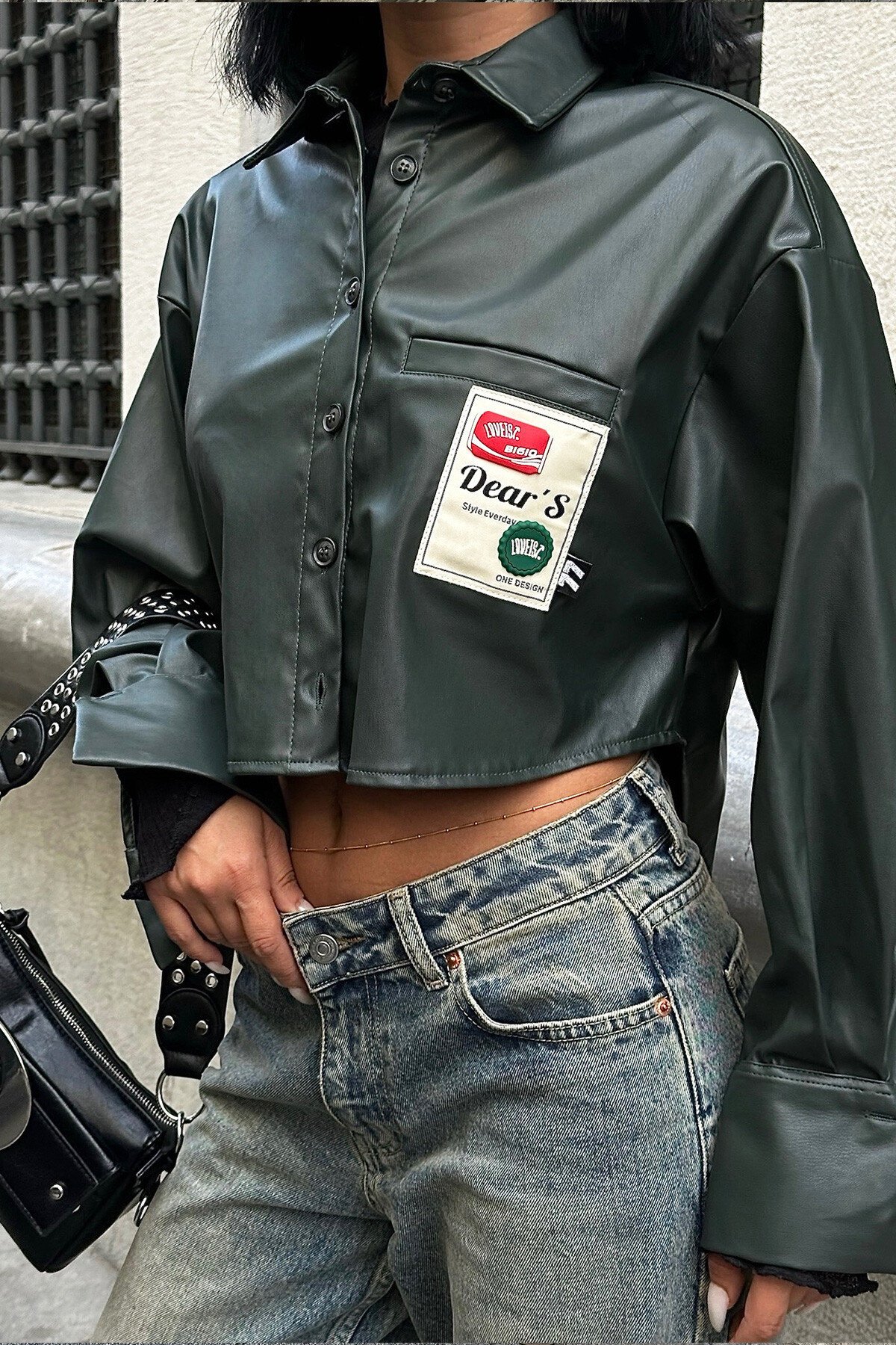 Yeşil Armalı Suni Deri Ceket