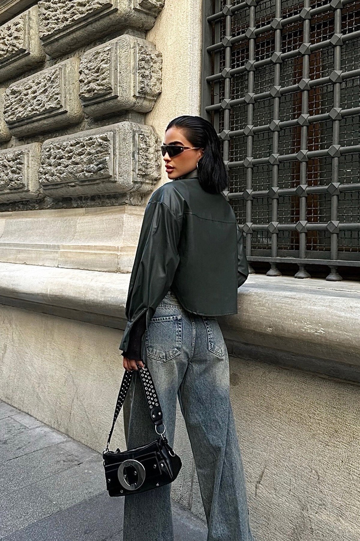 Yeşil Armalı Suni Deri Ceket