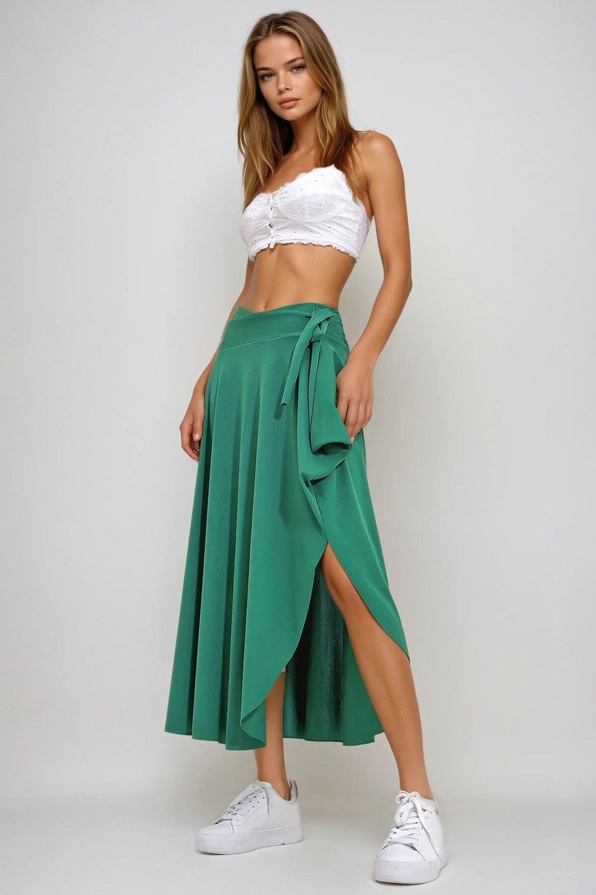 Yeşil Asimetrik Kesim Beli Bağlamalı Etek