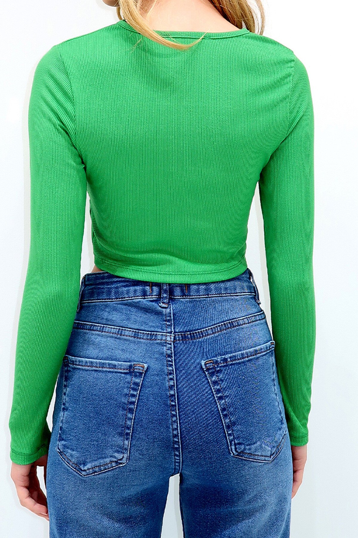 Yeşil Bisiklet Yaka Out Cut Kesimli Dikişli Crop Bluz