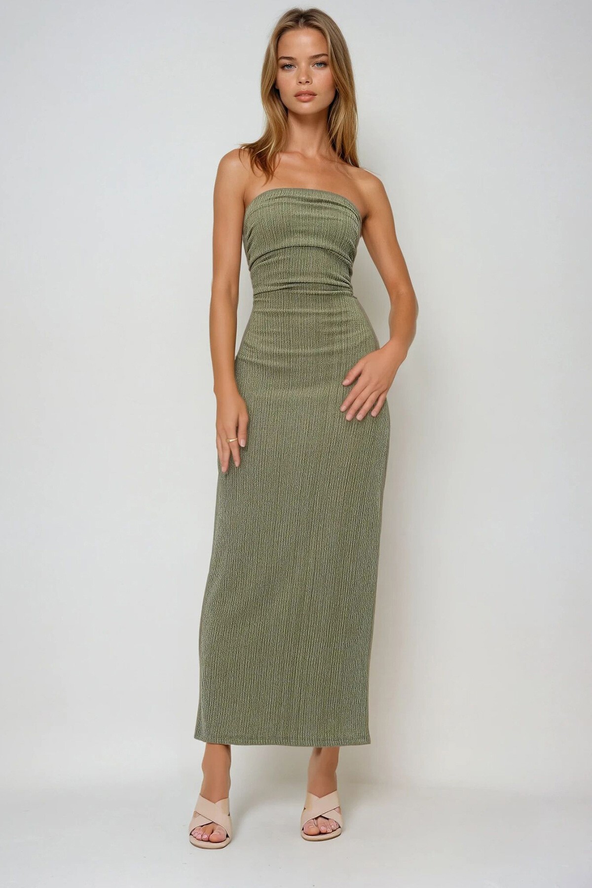 Yeşil Bürümcük Kumaş Yanları Büzgülü Yazlık Straplez Elbise