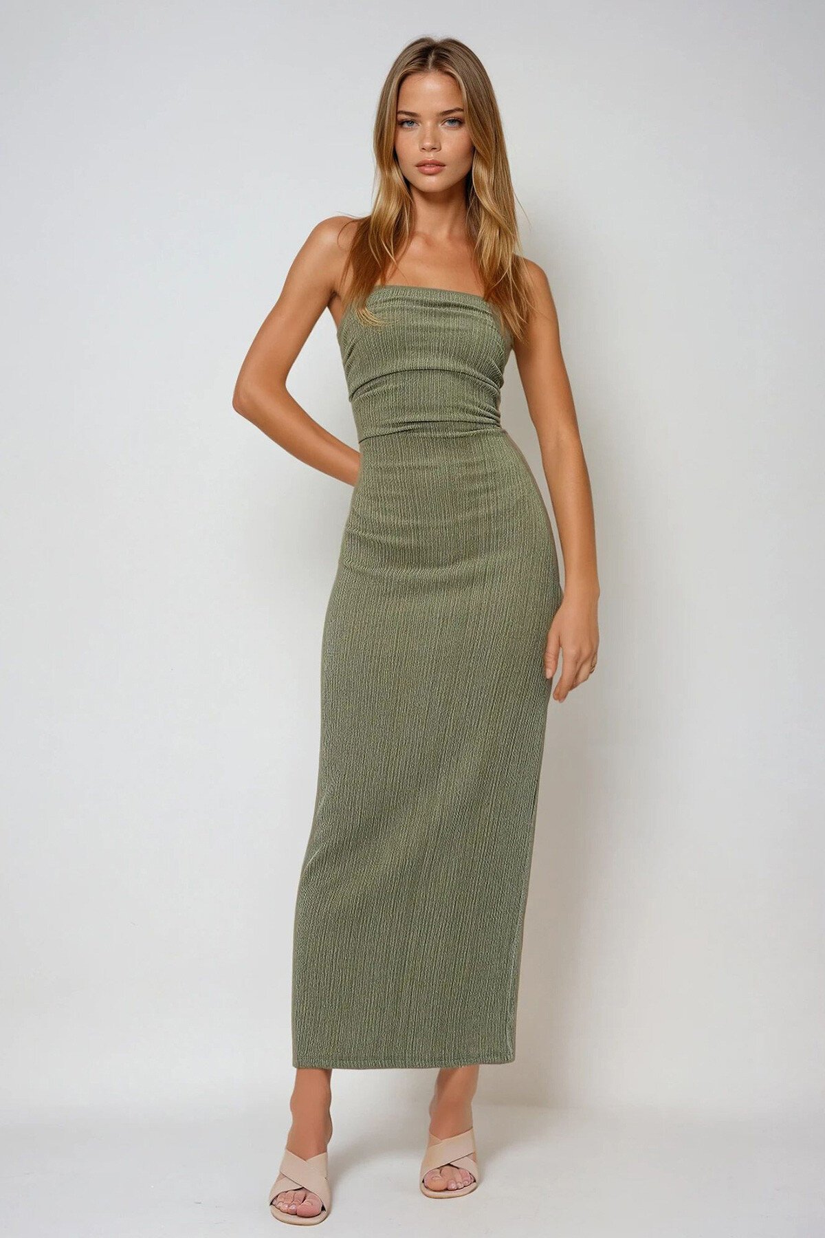 Yeşil Bürümcük Kumaş Yanları Büzgülü Yazlık Straplez Elbise