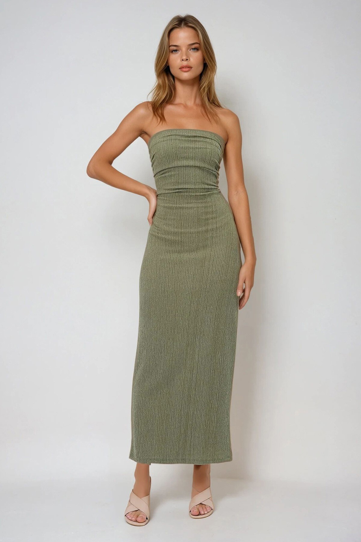 Yeşil Bürümcük Kumaş Yanları Büzgülü Yazlık Straplez Elbise