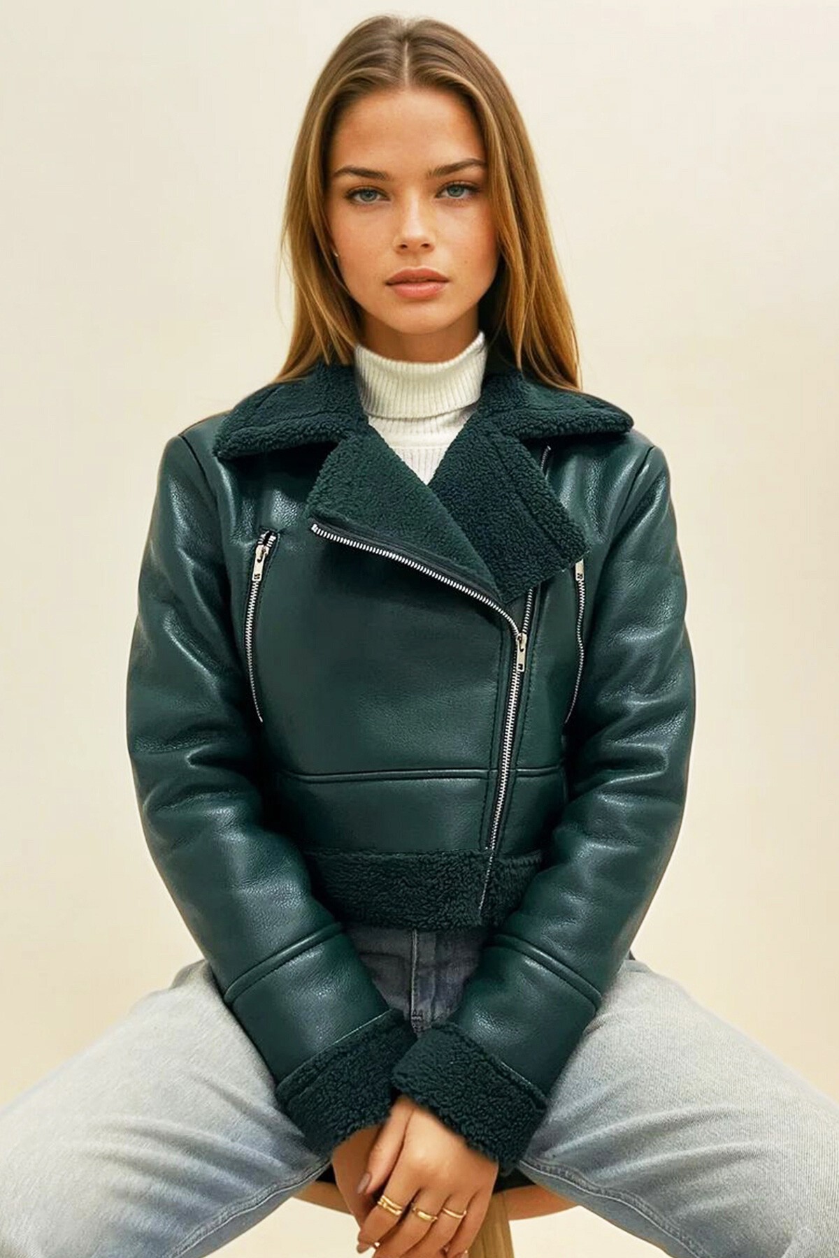 Yeşil İçi Kürklü Yandan Fermuarlı Fermuar Cepli Crop Mont