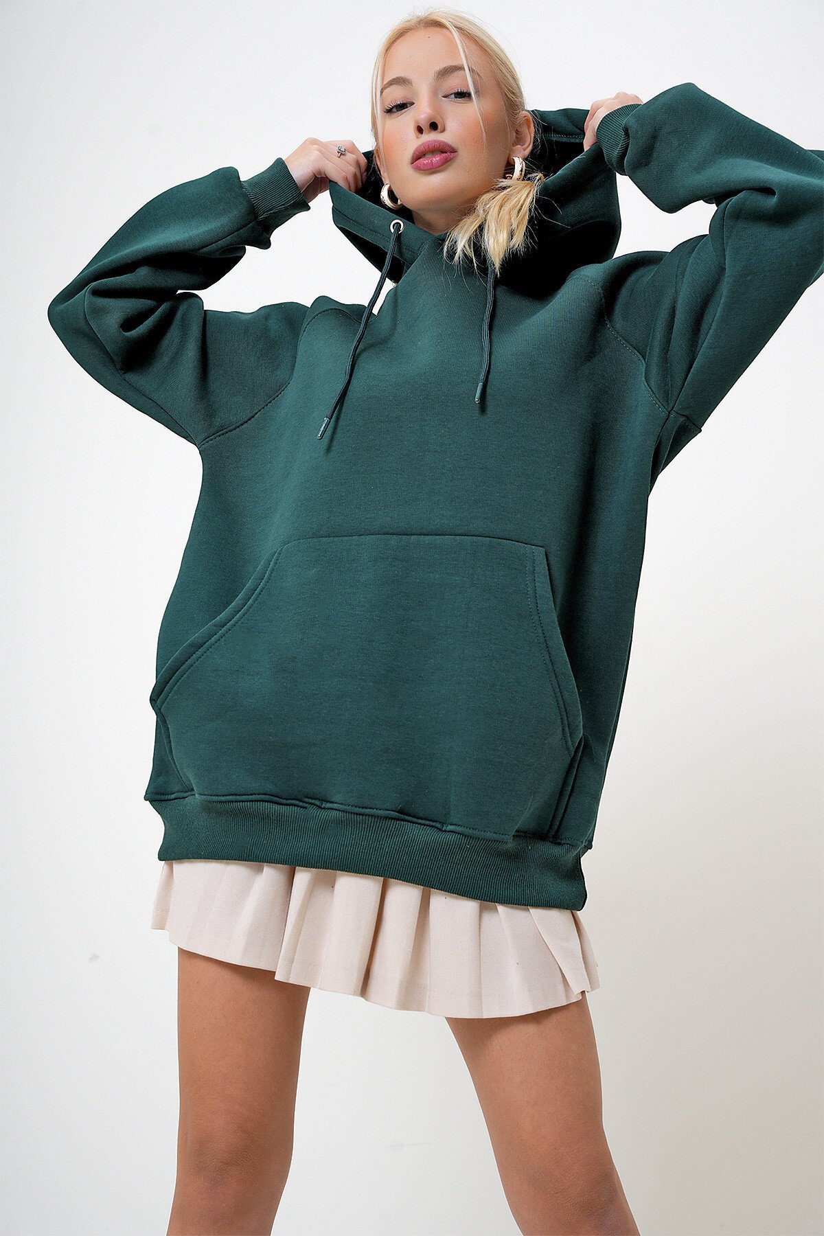 Yeşil Kapüşonlu Üç İplik İçi Şardonlu Kanguru Cepli Oversize Sweatshirt