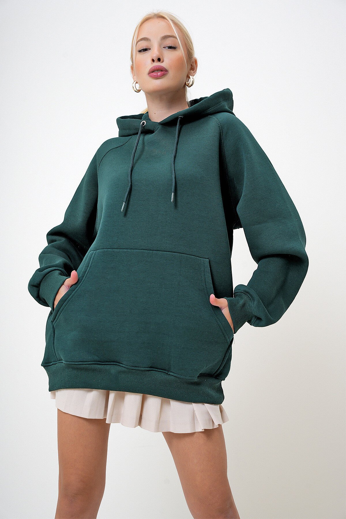 Yeşil Kapüşonlu Üç İplik İçi Şardonlu Kanguru Cepli Oversize Sweatshirt