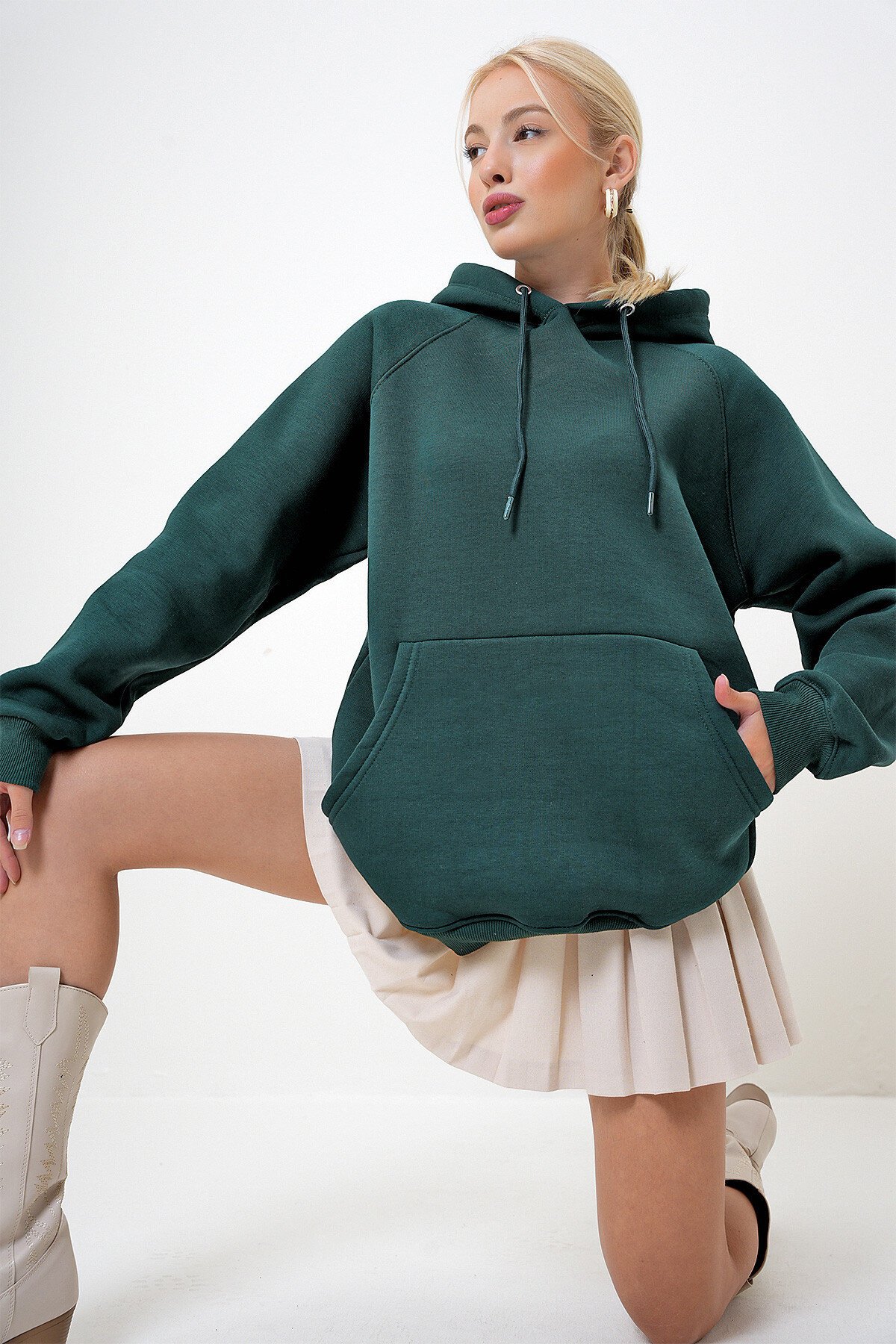 Yeşil Kapüşonlu Üç İplik İçi Şardonlu Kanguru Cepli Oversize Sweatshirt