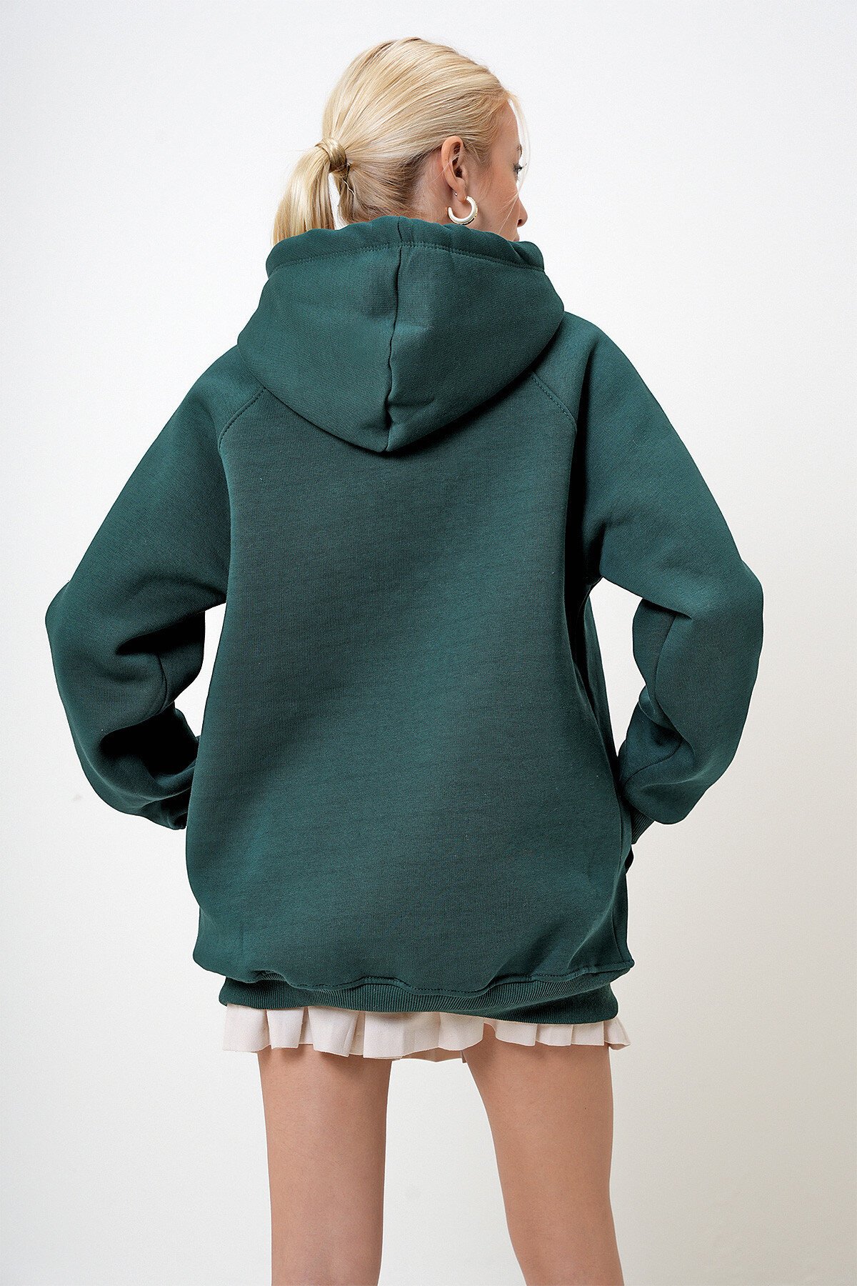 Yeşil Kapüşonlu Üç İplik İçi Şardonlu Kanguru Cepli Oversize Sweatshirt