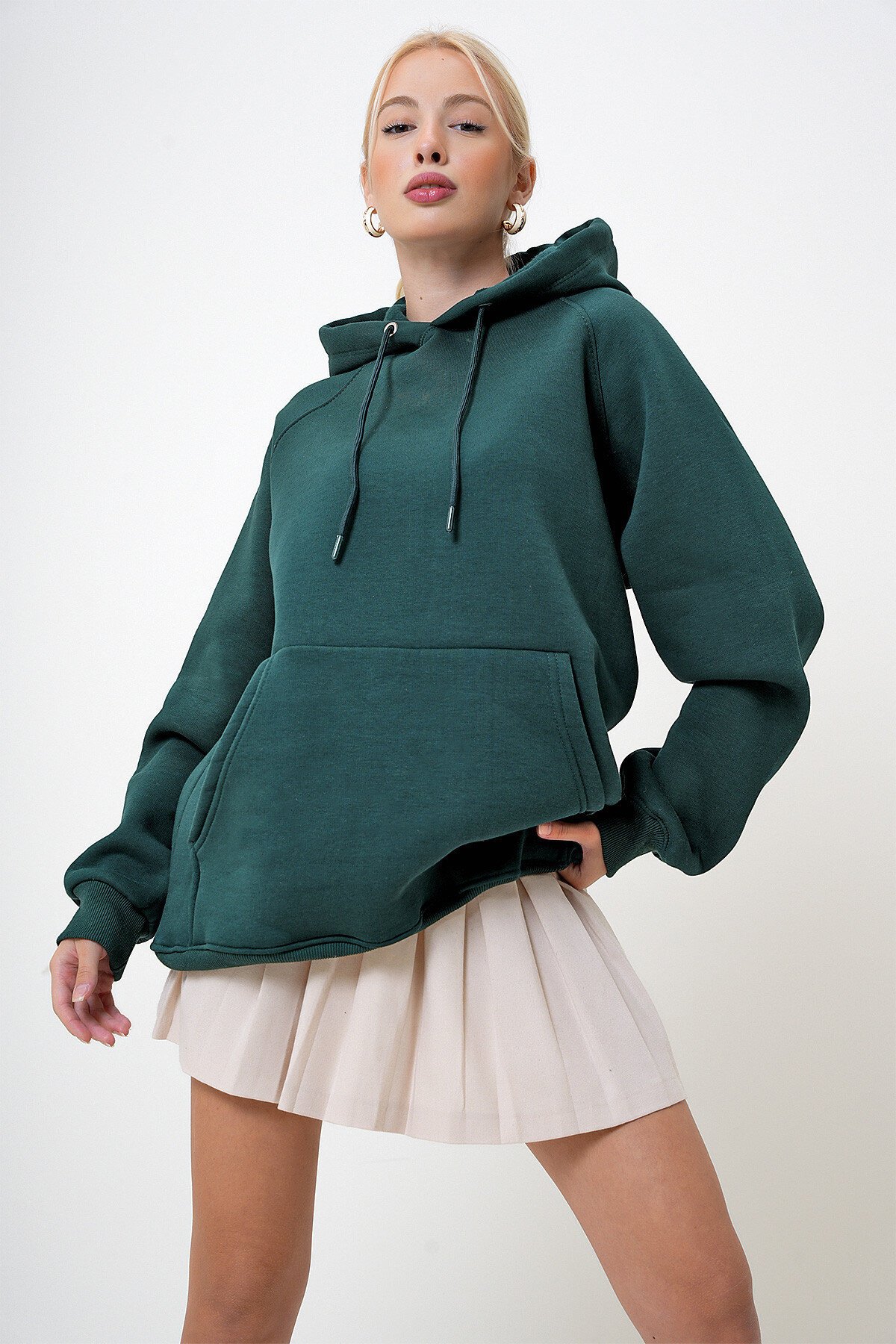 Yeşil Kapüşonlu Üç İplik İçi Şardonlu Kanguru Cepli Oversize Sweatshirt