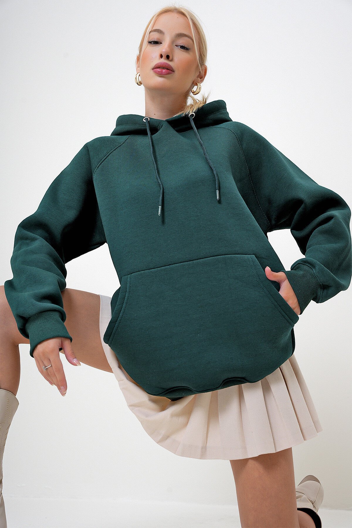 Yeşil Kapüşonlu Üç İplik İçi Şardonlu Kanguru Cepli Oversize Sweatshirt