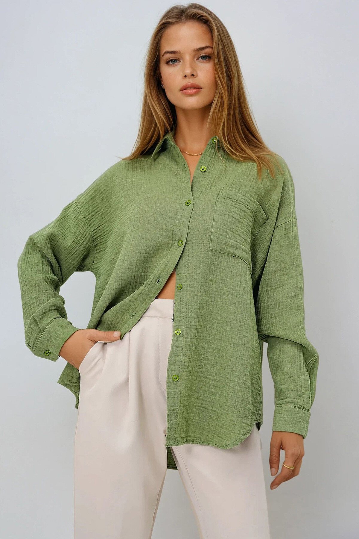 Yeşil Tek Cepli Keten Görünümlü Oversize Dokuma Gömlek