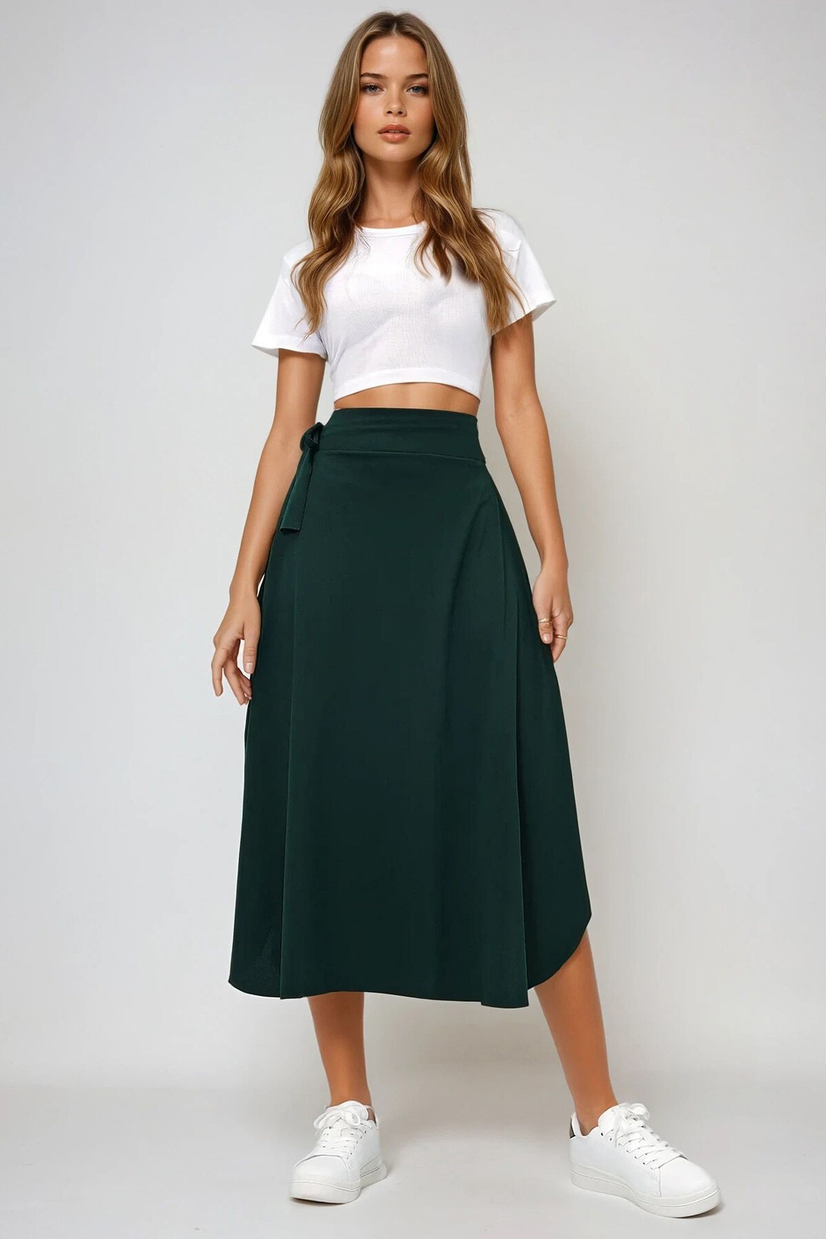 Zümrüt Yeşili Asimetrik Kesim Beli Bağlamalı Etek