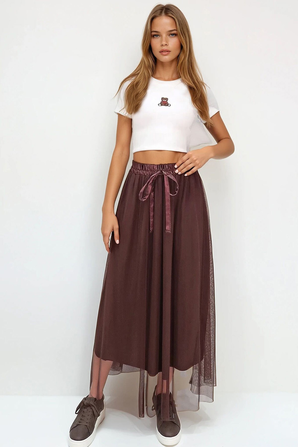 Acı Kahve Beli Lastikli Kurdale Detaylı Astarlı Tül Etek