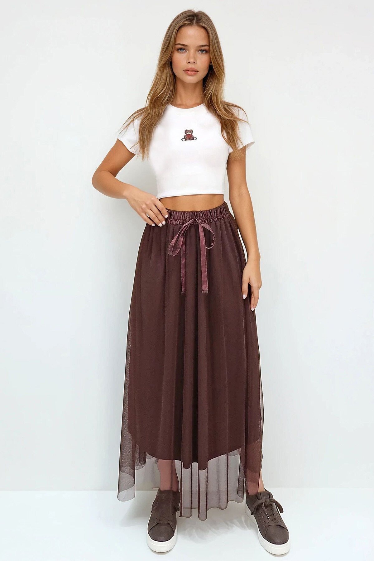 Acı Kahve Beli Lastikli Kurdale Detaylı Astarlı Tül Etek