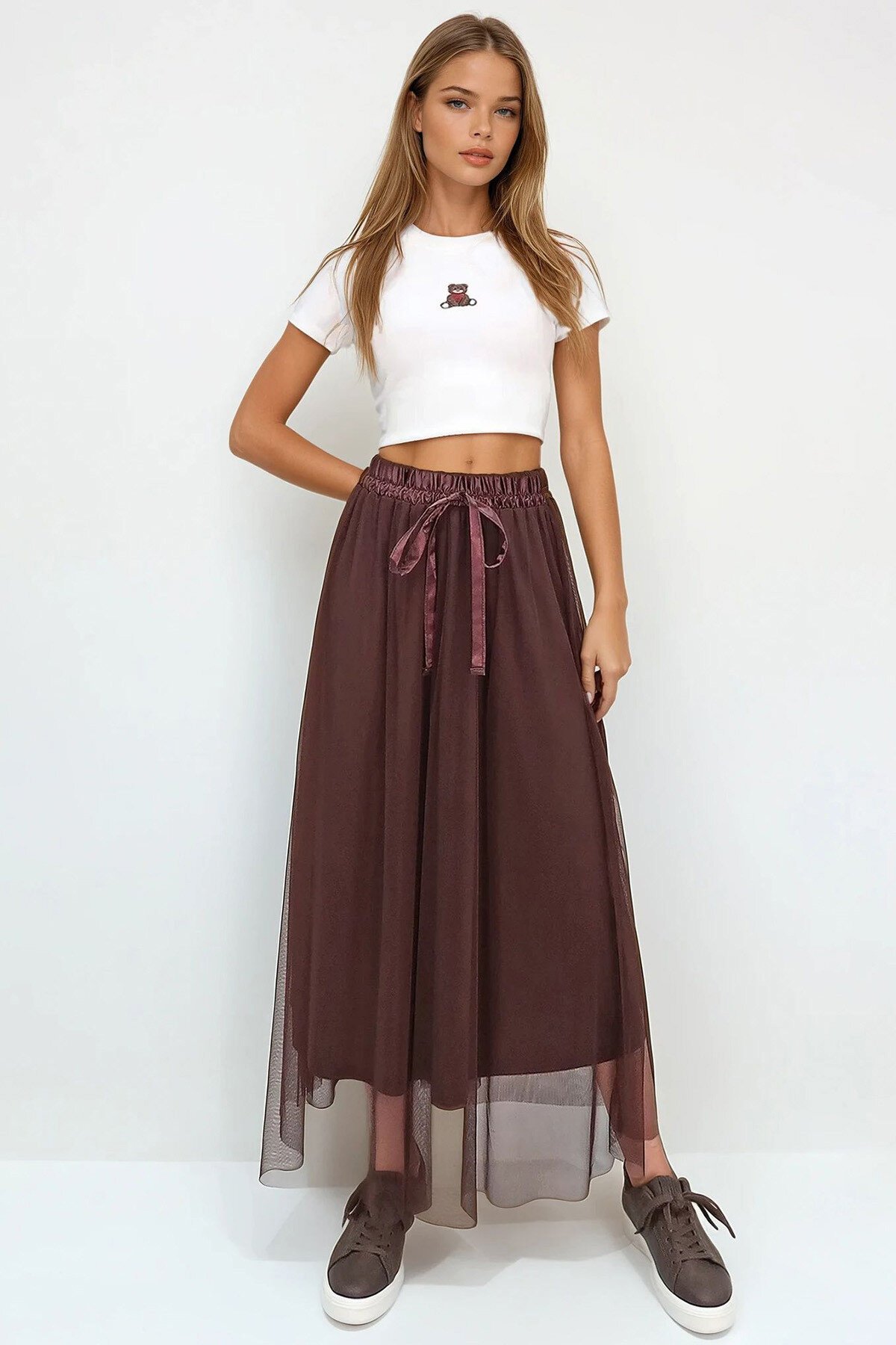 Acı Kahve Beli Lastikli Kurdale Detaylı Astarlı Tül Etek