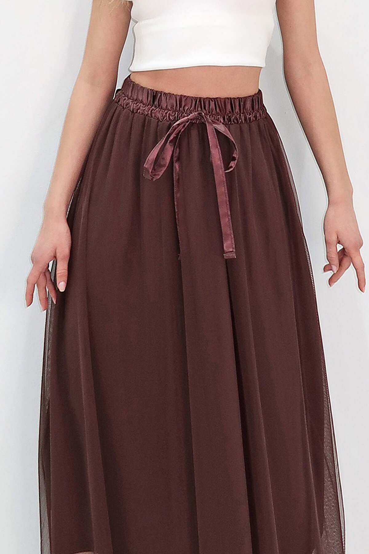 Acı Kahve Beli Lastikli Kurdale Detaylı Astarlı Tül Etek