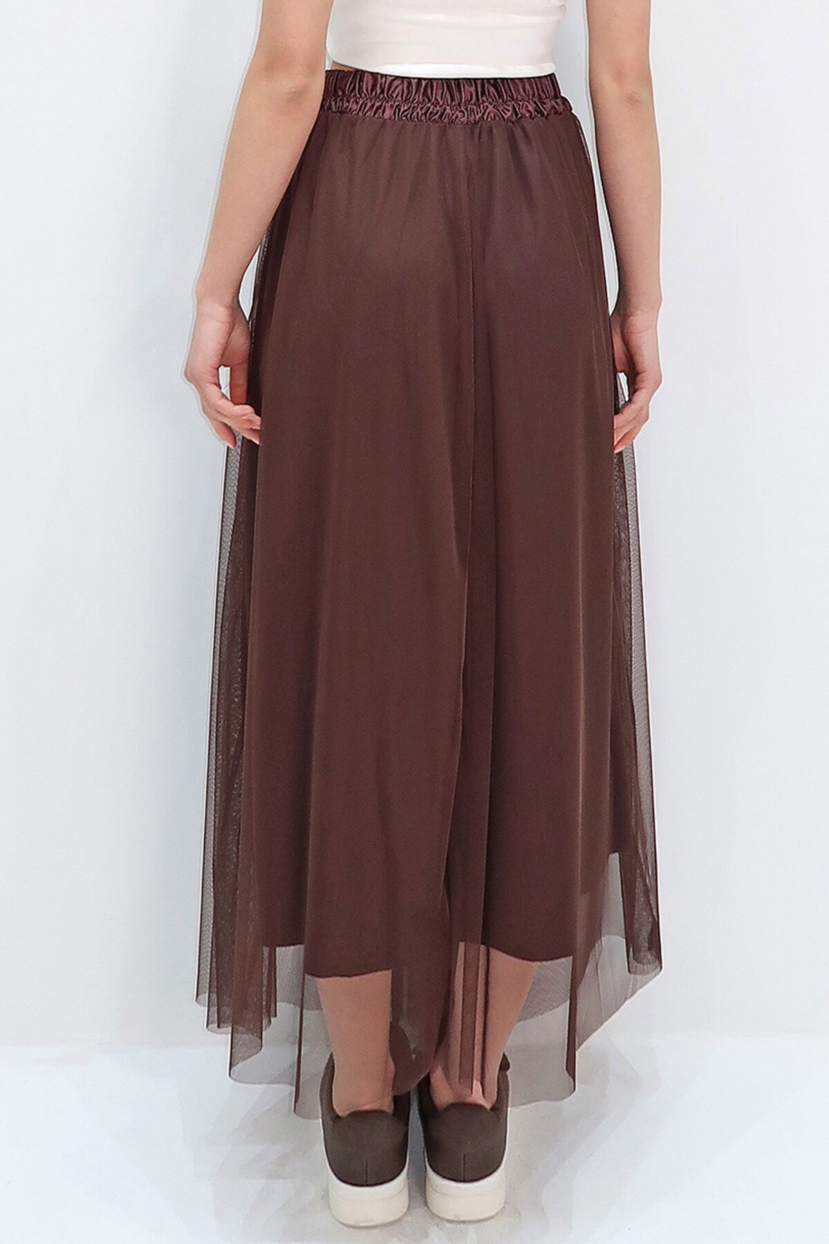 Acı Kahve Beli Lastikli Kurdale Detaylı Astarlı Tül Etek