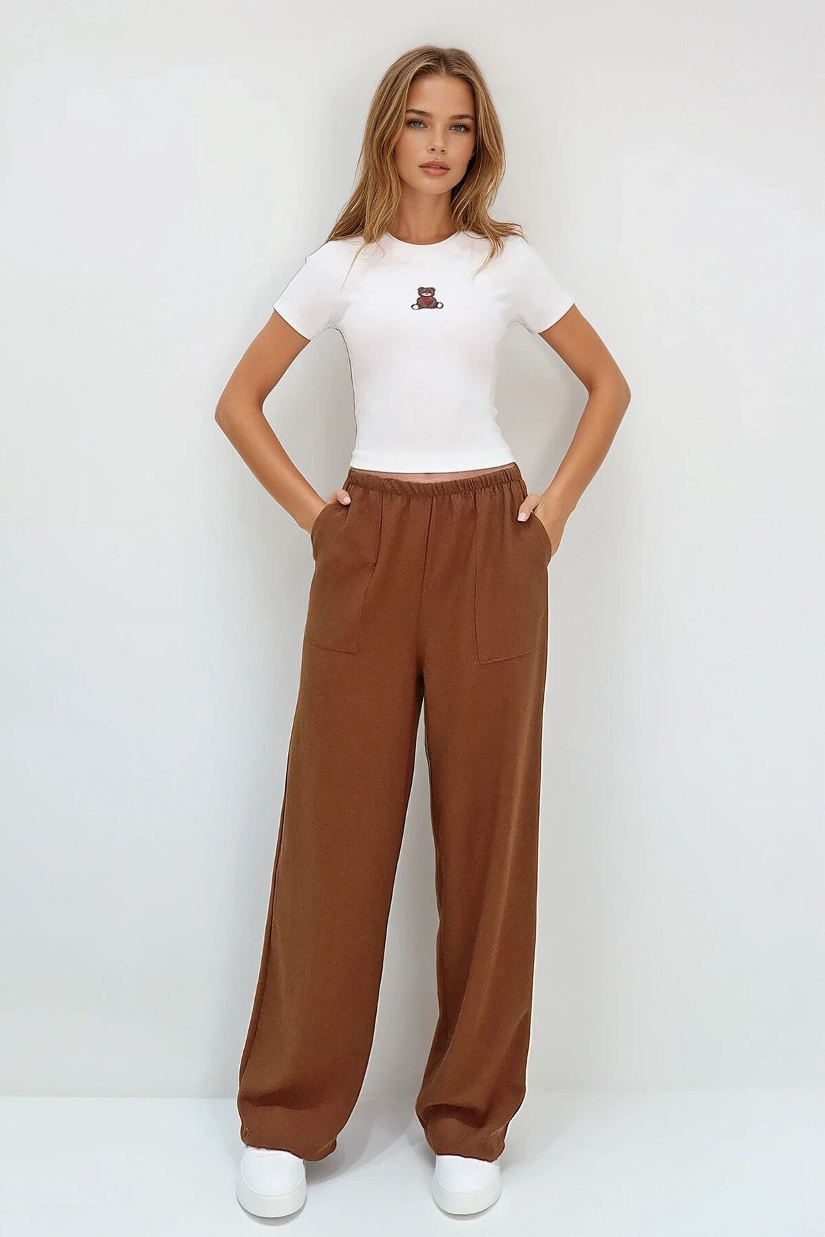 Acı Kahve Çift Cepli Beli Lastikli Keten Geniş Paça Pantolon