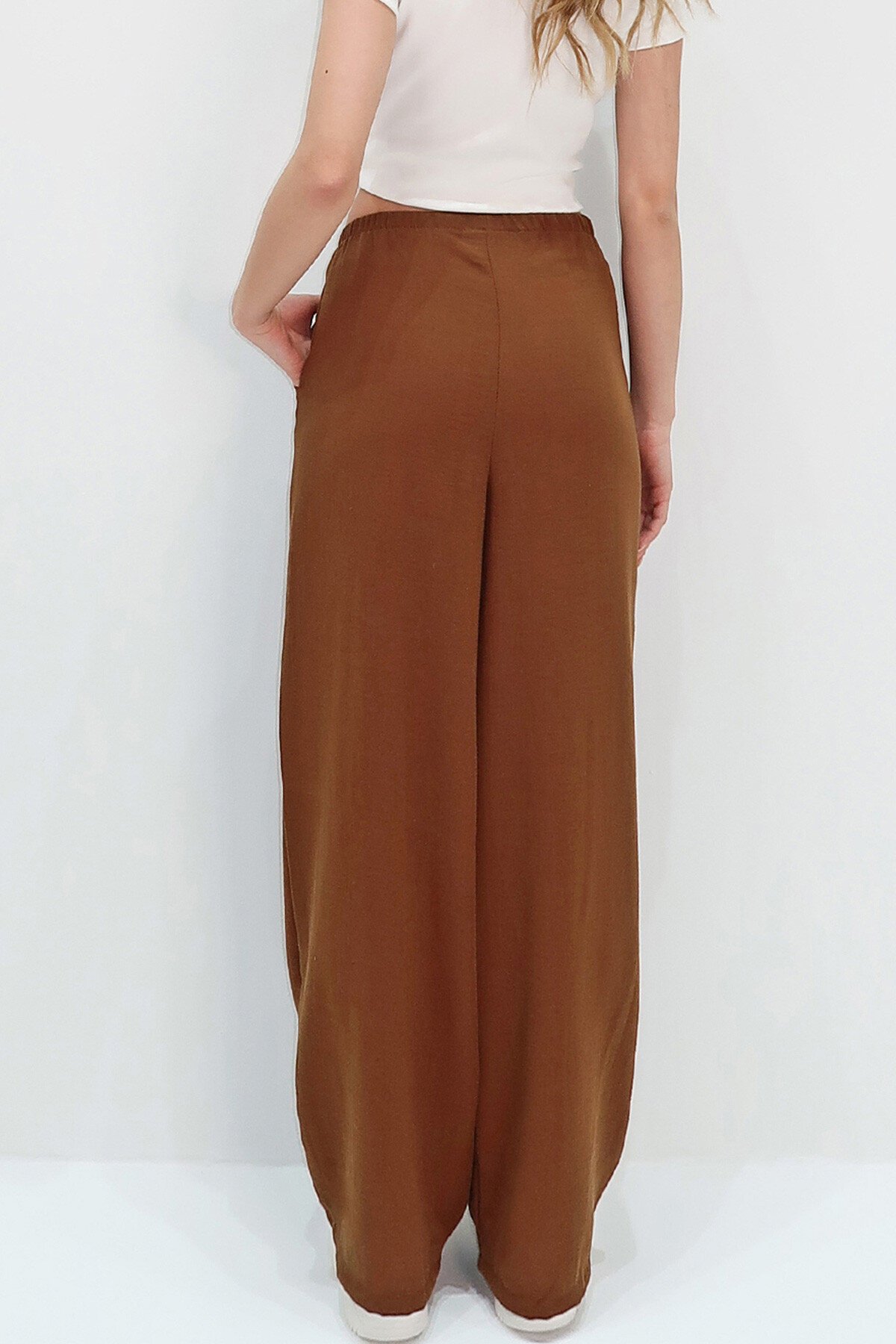 Acı Kahve Çift Cepli Beli Lastikli Keten Geniş Paça Pantolon