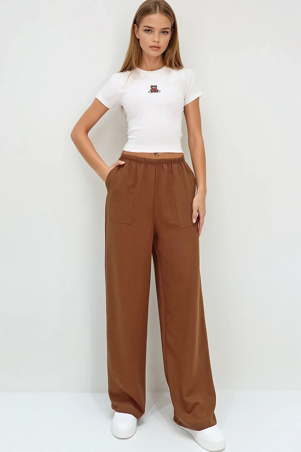 Acı Kahve Çift Cepli Beli Lastikli Keten Geniş Paça Pantolon