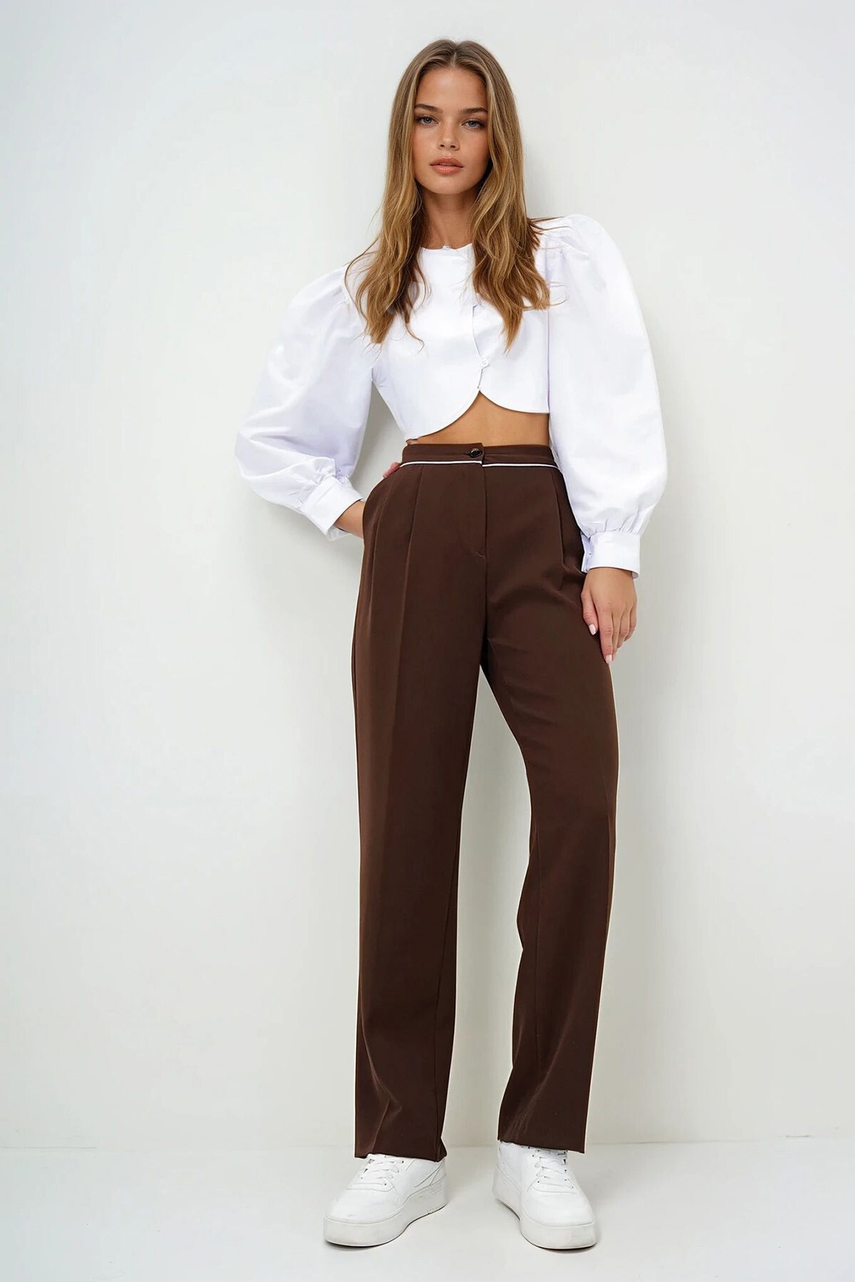 Acı Kahve Çift Cepli Biye Detaylı Piliseli Palazzo Dokuma Pantolon