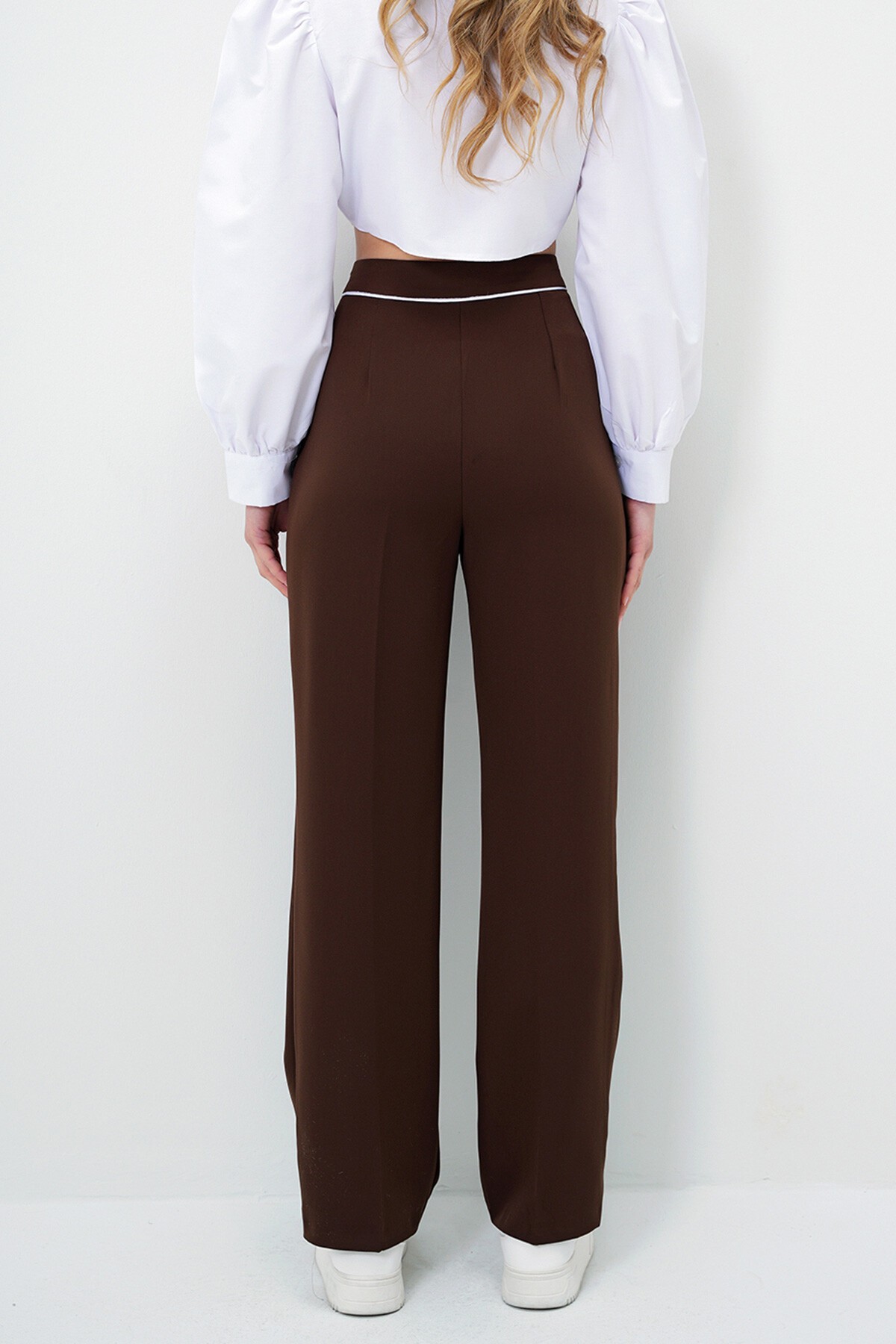 Acı Kahve Çift Cepli Biye Detaylı Piliseli Palazzo Dokuma Pantolon