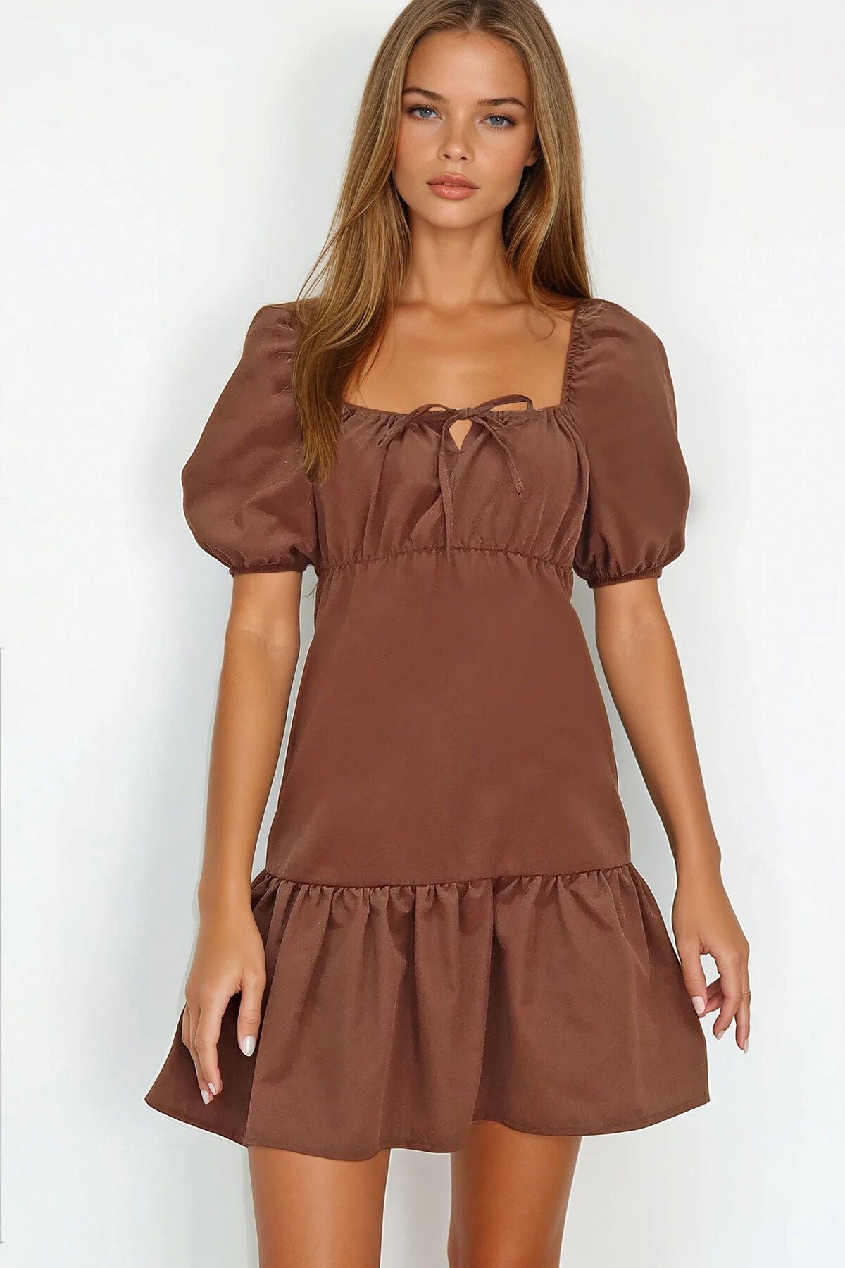 Acı Kahve Kare Yaka Balon Kol Poplin  Mini Elbise