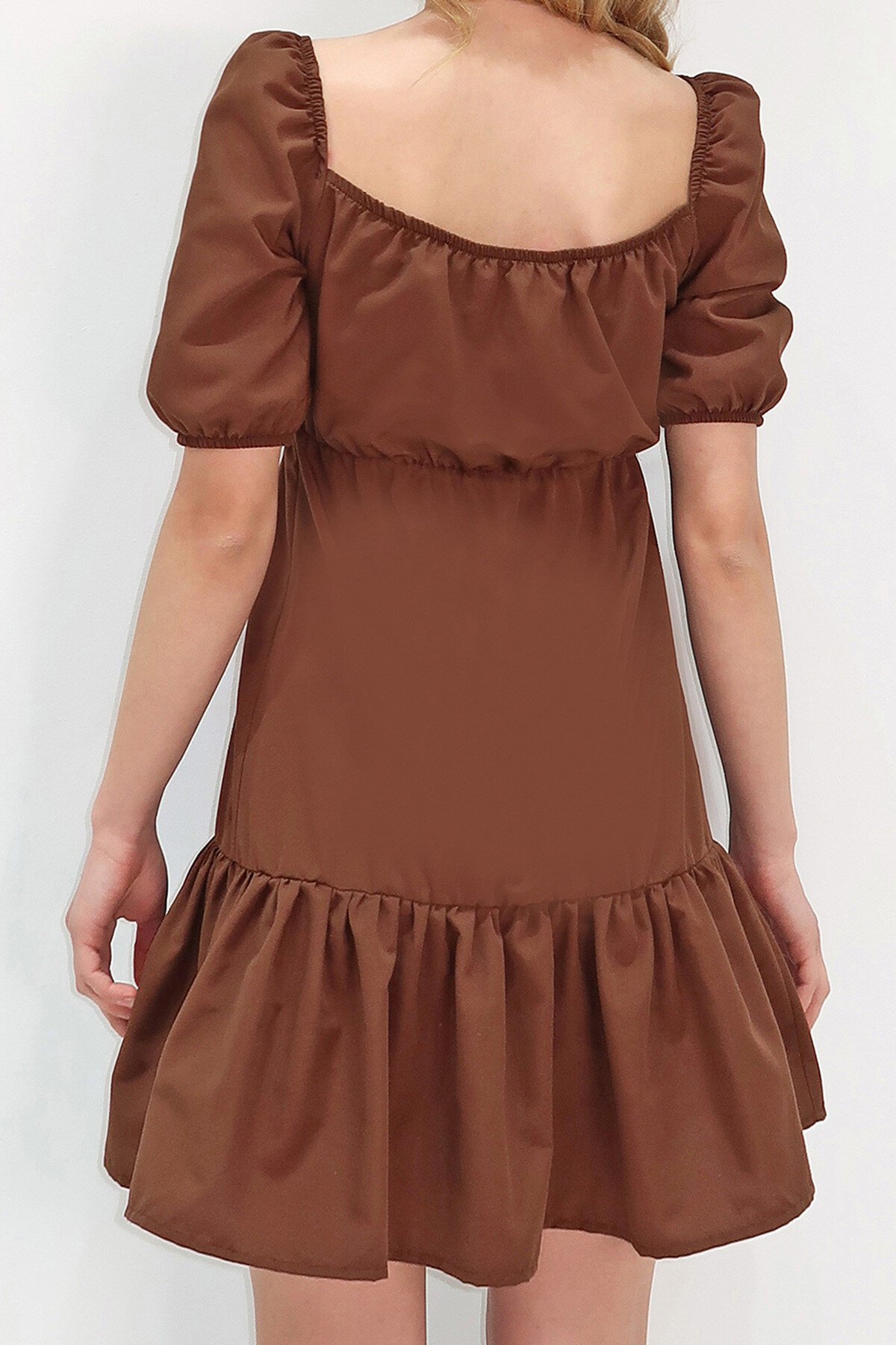 Acı Kahve Kare Yaka Balon Kol Poplin  Mini Elbise
