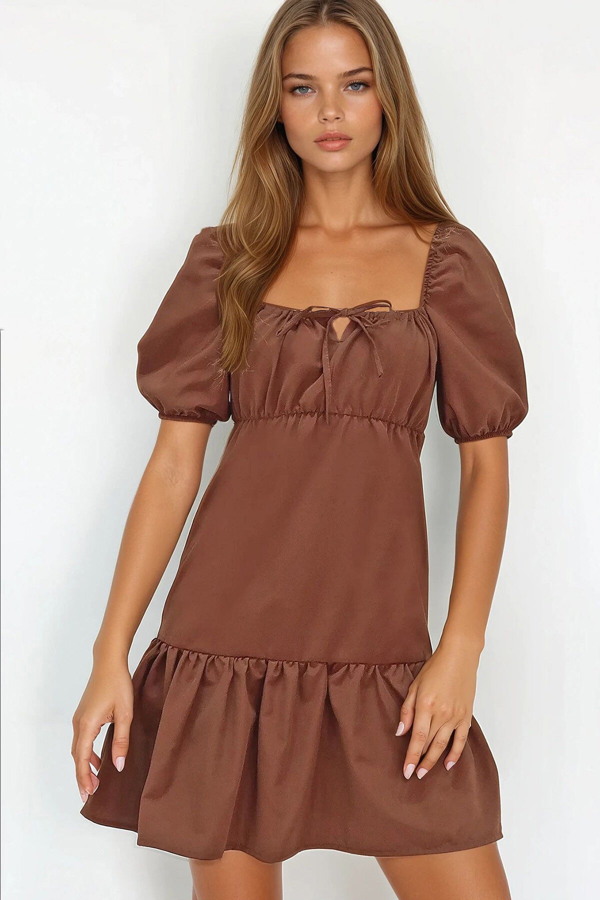 Acı Kahve Kare Yaka Balon Kol Poplin  Mini Elbise