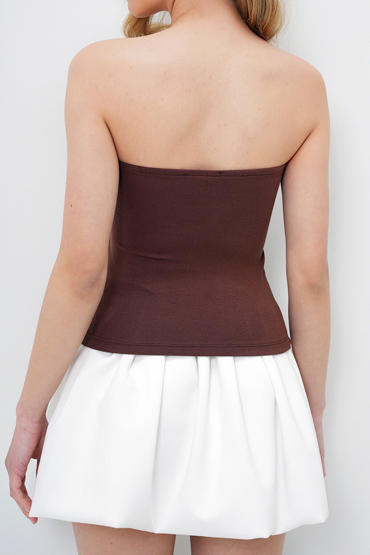 Acı Kahve Likralı Straplez Örme Bluz