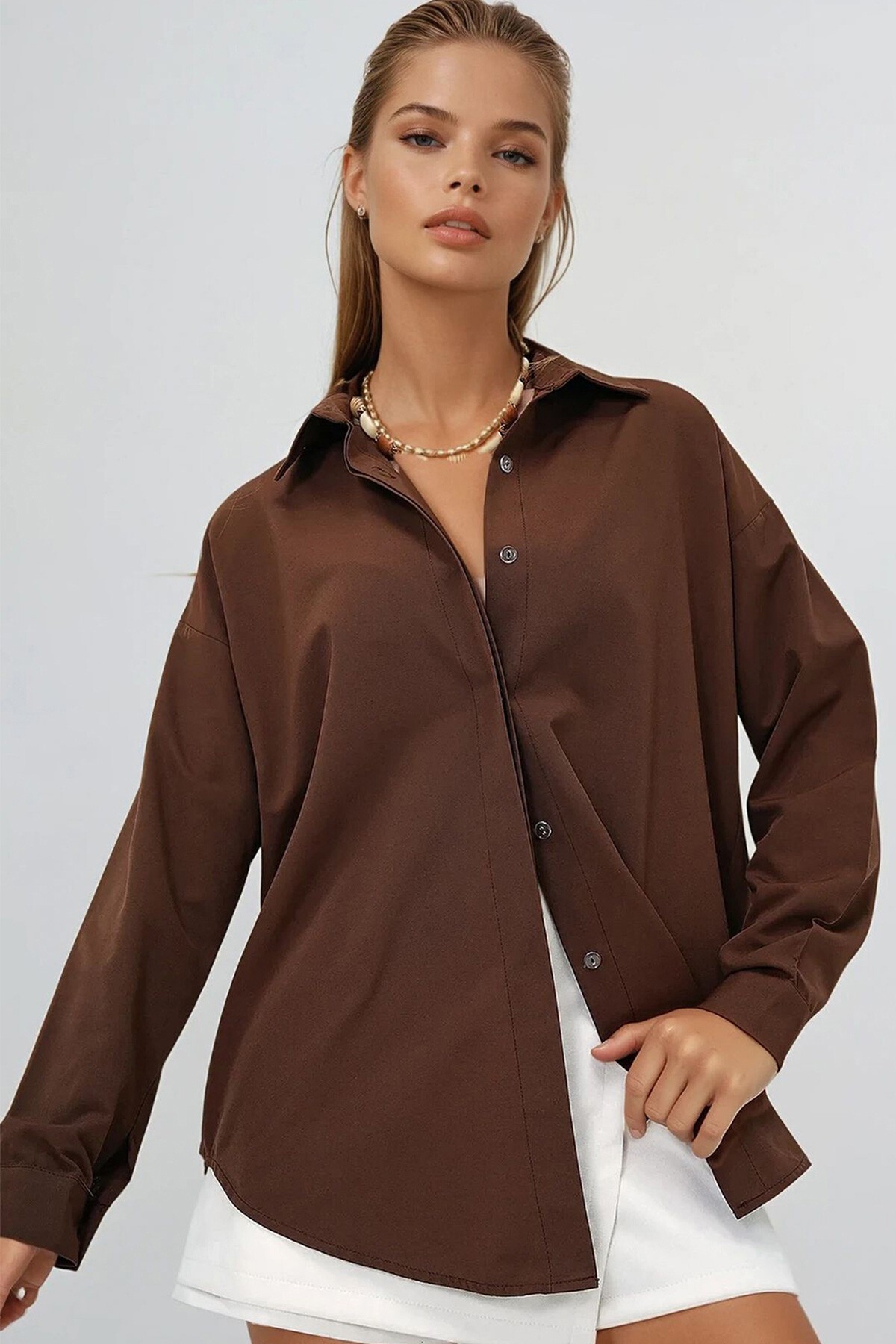 Acı Kahve Oversize Uzun Dokuma Gömlek