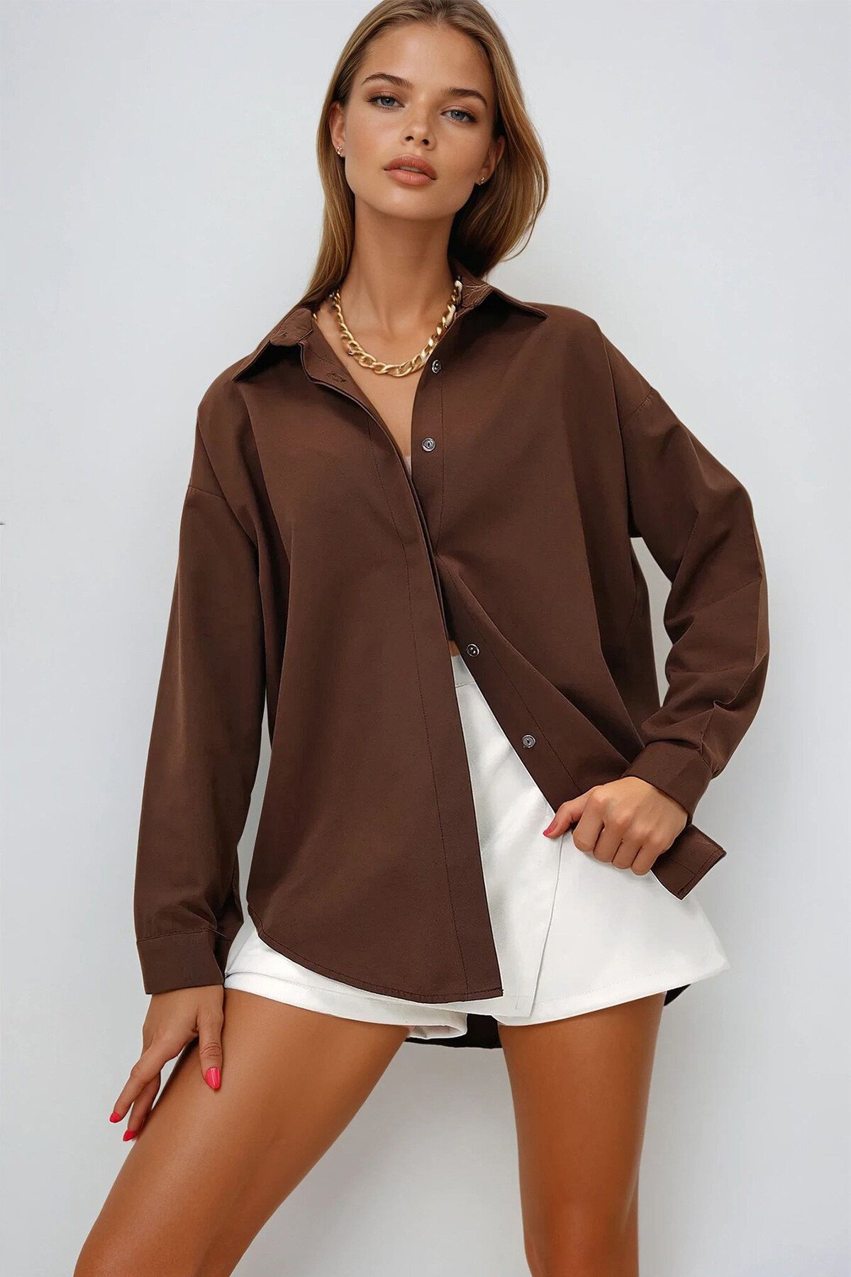 Acı Kahve Oversize Uzun Dokuma Gömlek