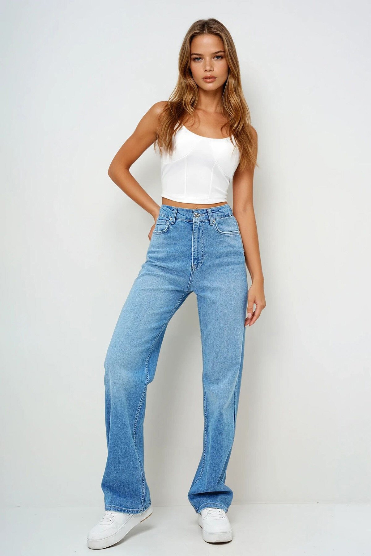 Açık Mavi Yüksek Bel Likralı Yıkamalı Palazzo Jean Pantolon